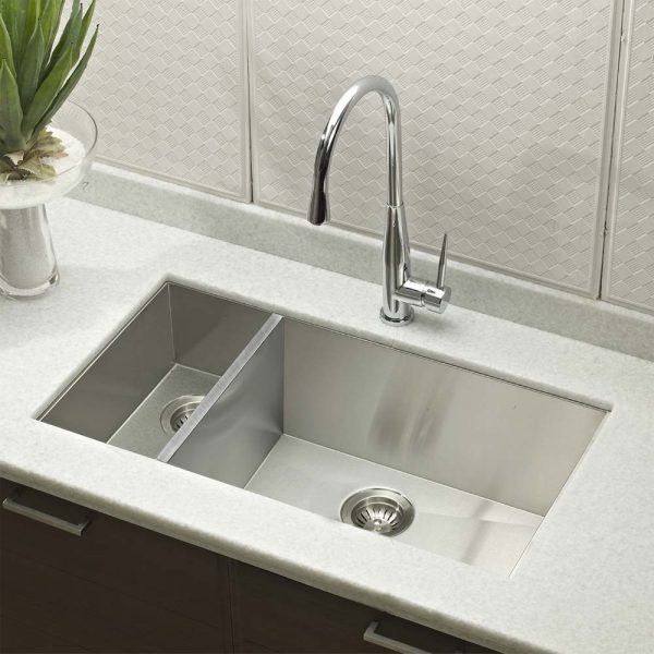 Houzer Contempo 33" Stainless Steel Undermount 70/30 Double Left Prep Bowl Kitchen Sink with Strainer & Grids