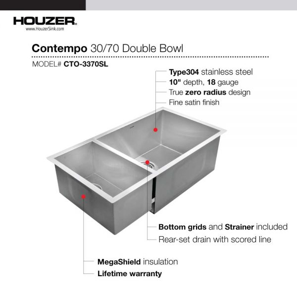 Houzer Contempo 33" Stainless Steel Undermount 70/30 Double Left Prep Bowl Kitchen Sink with Strainer & Grids