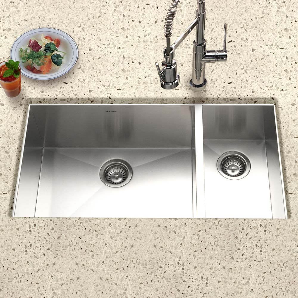 Houzer Contempo 33" Stainless Steel Undermount 70/30 Double Right Prep Bowl Kitchen Sink with Strainer & Grids