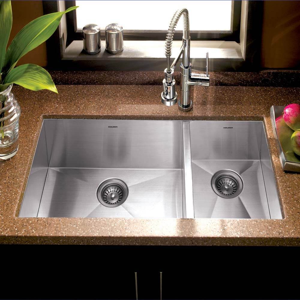 Houzer Contempo 33" Stainless Steel Undermount 70/30 Double Right Prep Bowl Kitchen Sink with Strainer & Grids