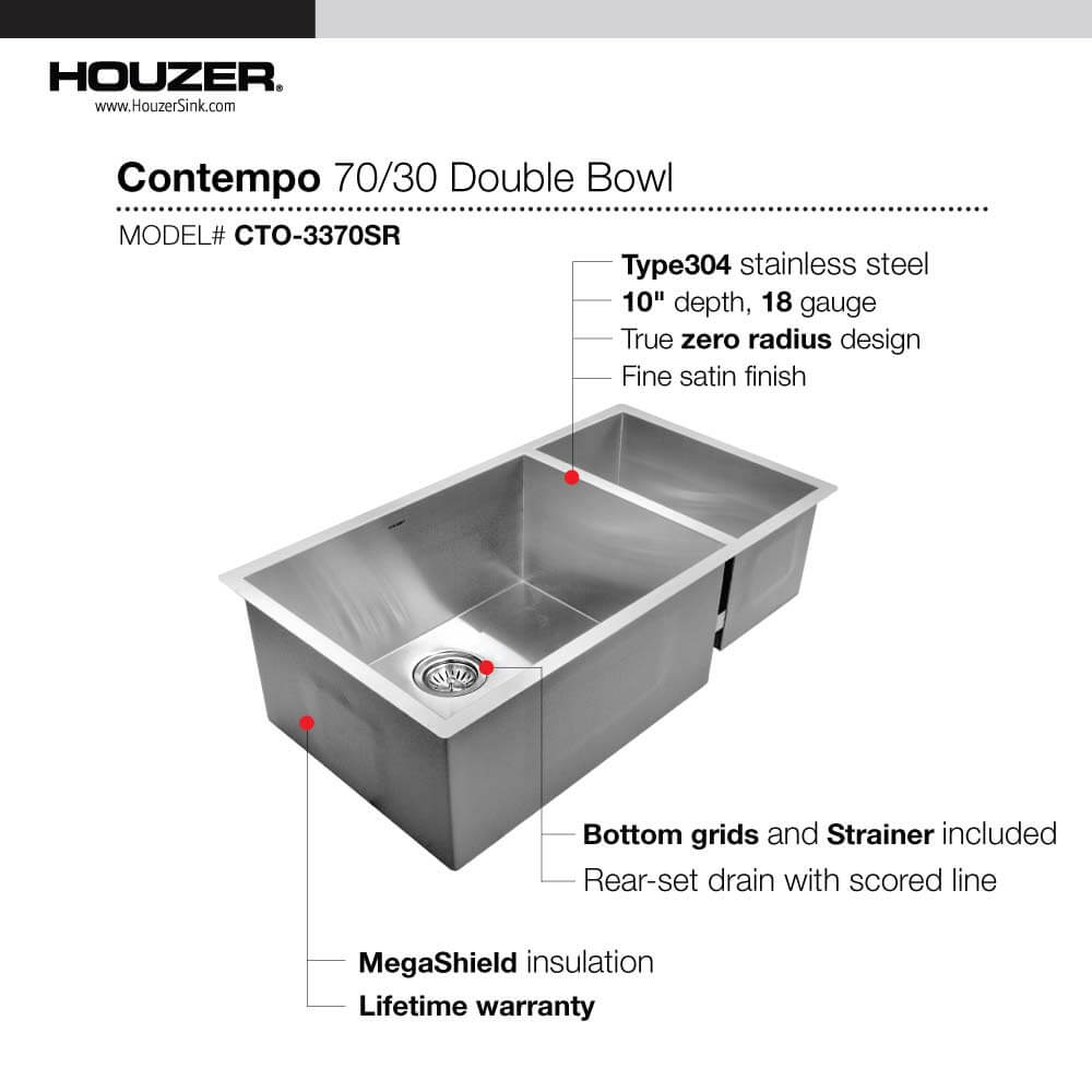 Houzer Contempo 33" Stainless Steel Undermount 70/30 Double Right Prep Bowl Kitchen Sink with Strainer & Grids