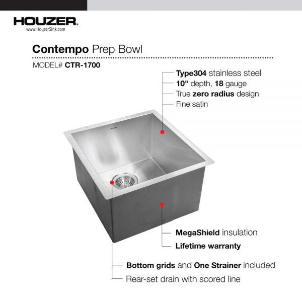 Houzer Contempo 17 inch Stainless Steel Undermount Single Bowl Bar Sink with Strainer & Grid - CTR-1700
