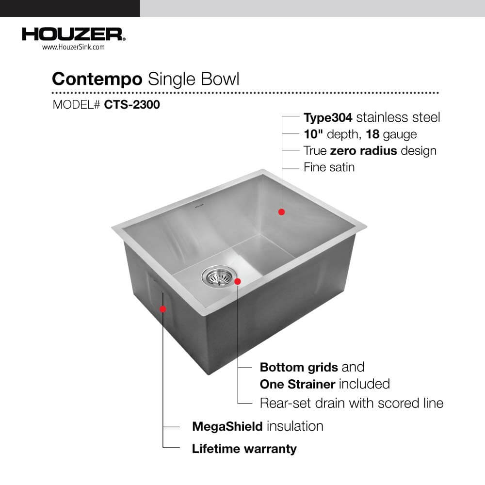 Houzer Contempo 23" Undermount Single Bowl Stainless Steel Kitchen Sink with Strainer & Grid