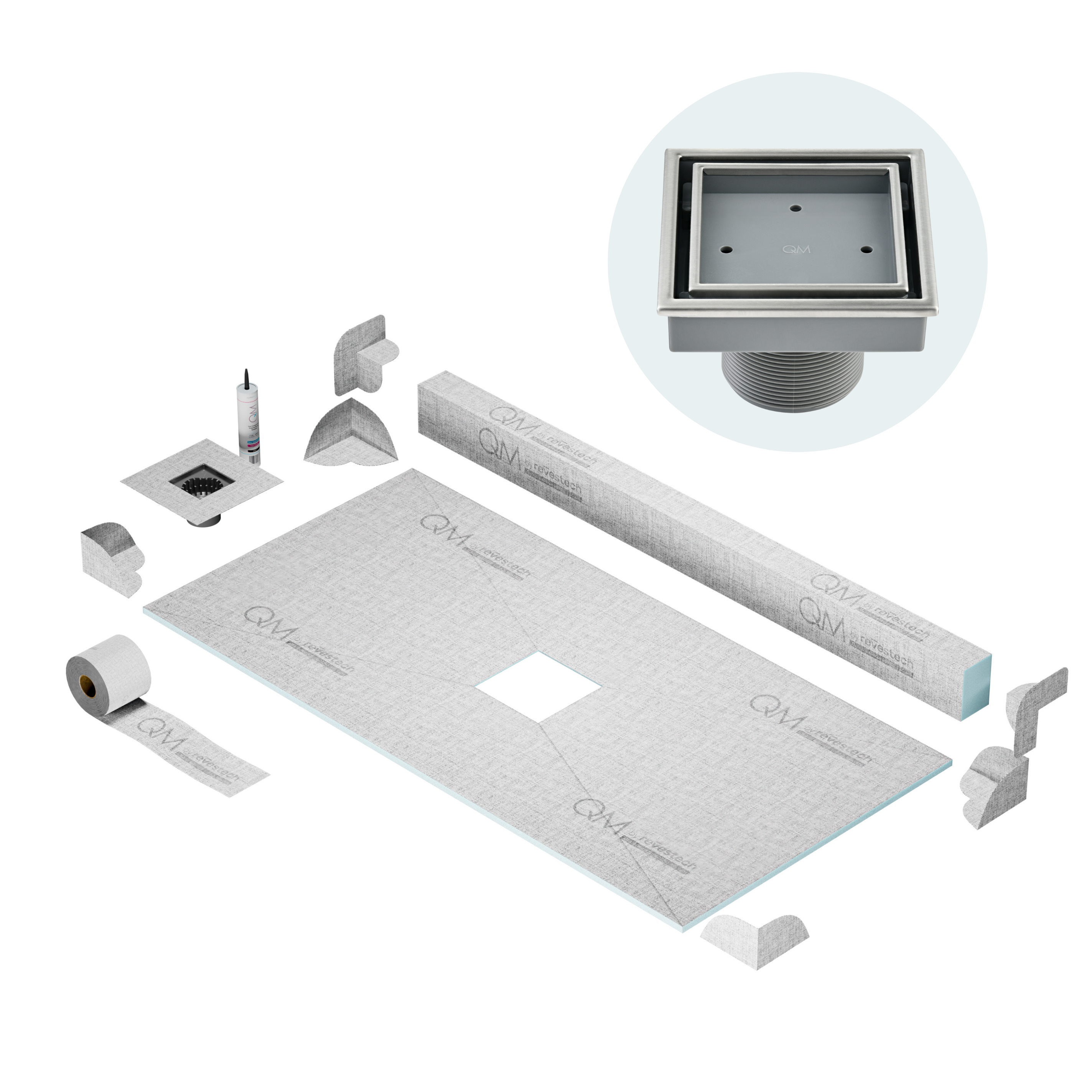 Curb Veil (Tile-In) Shower Pan Kit Square drain