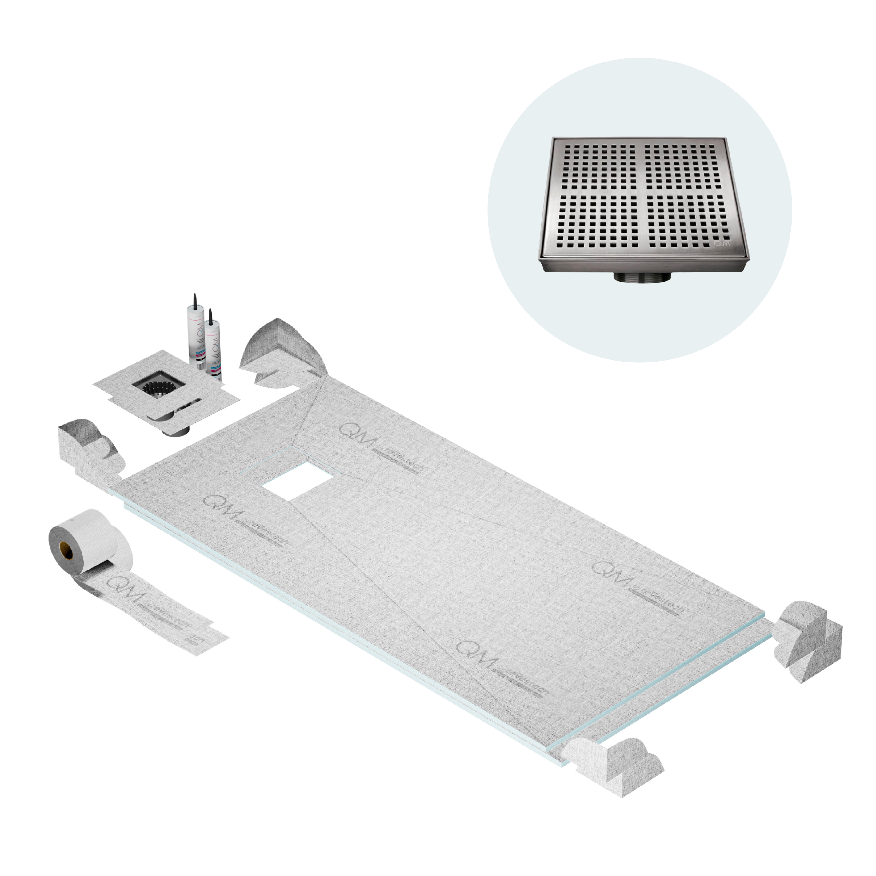 Curbless Kai Center Shower Pan Kit Square Drain
