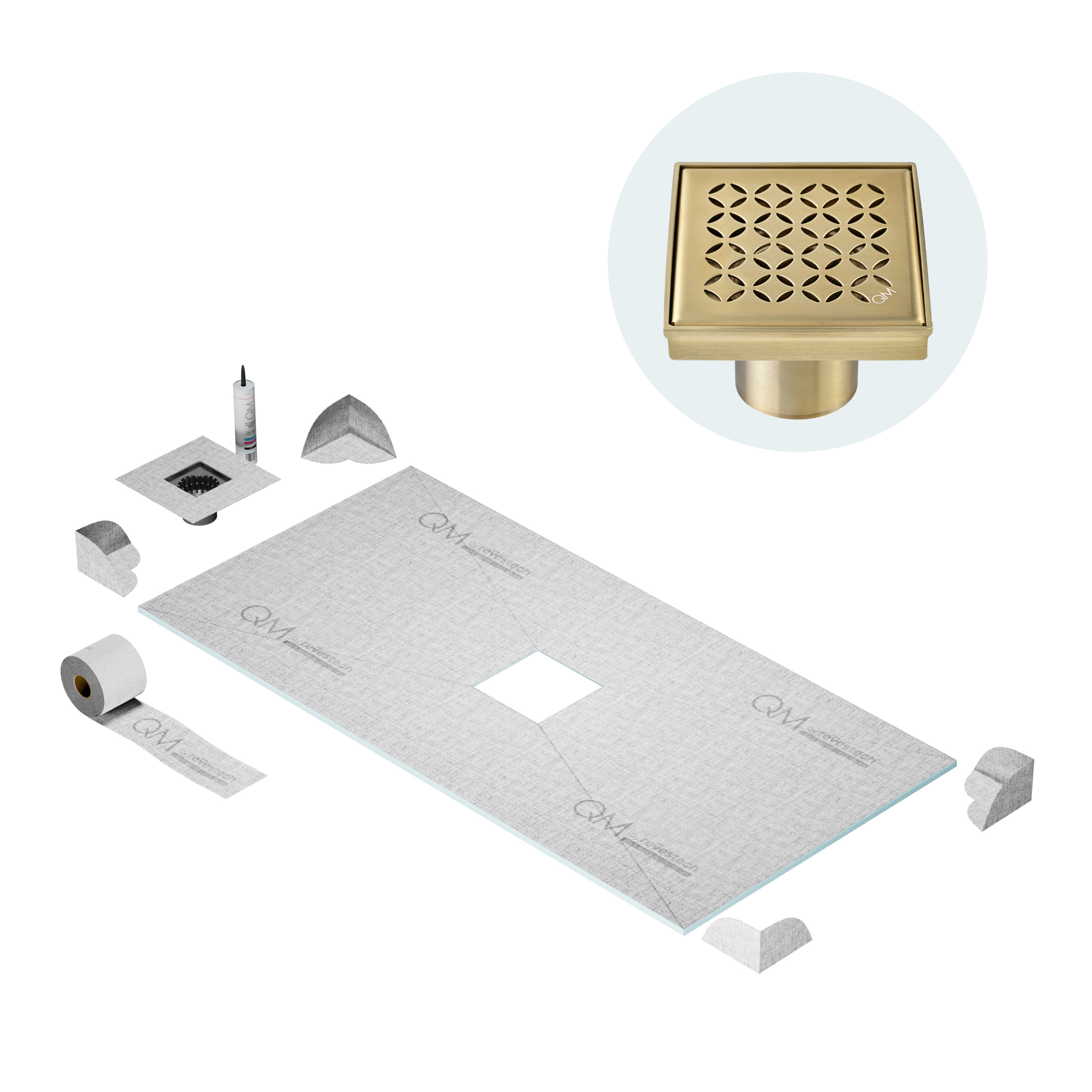 Curbless Lotus Center Shower Pan Kit Square Drain