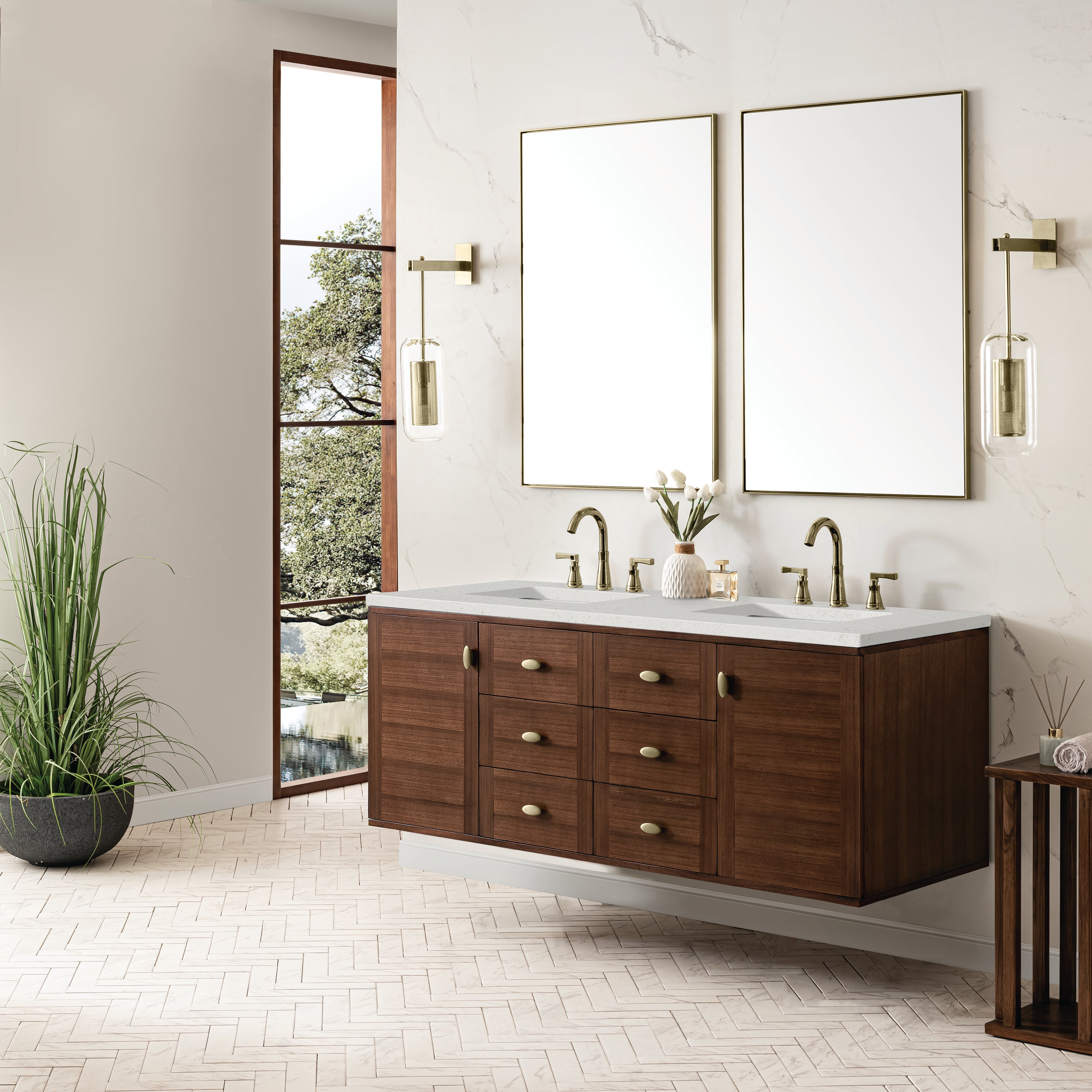 James Martin Amberly 60" Double Vanity in Mid-Century Walnut with 3cm Countertop