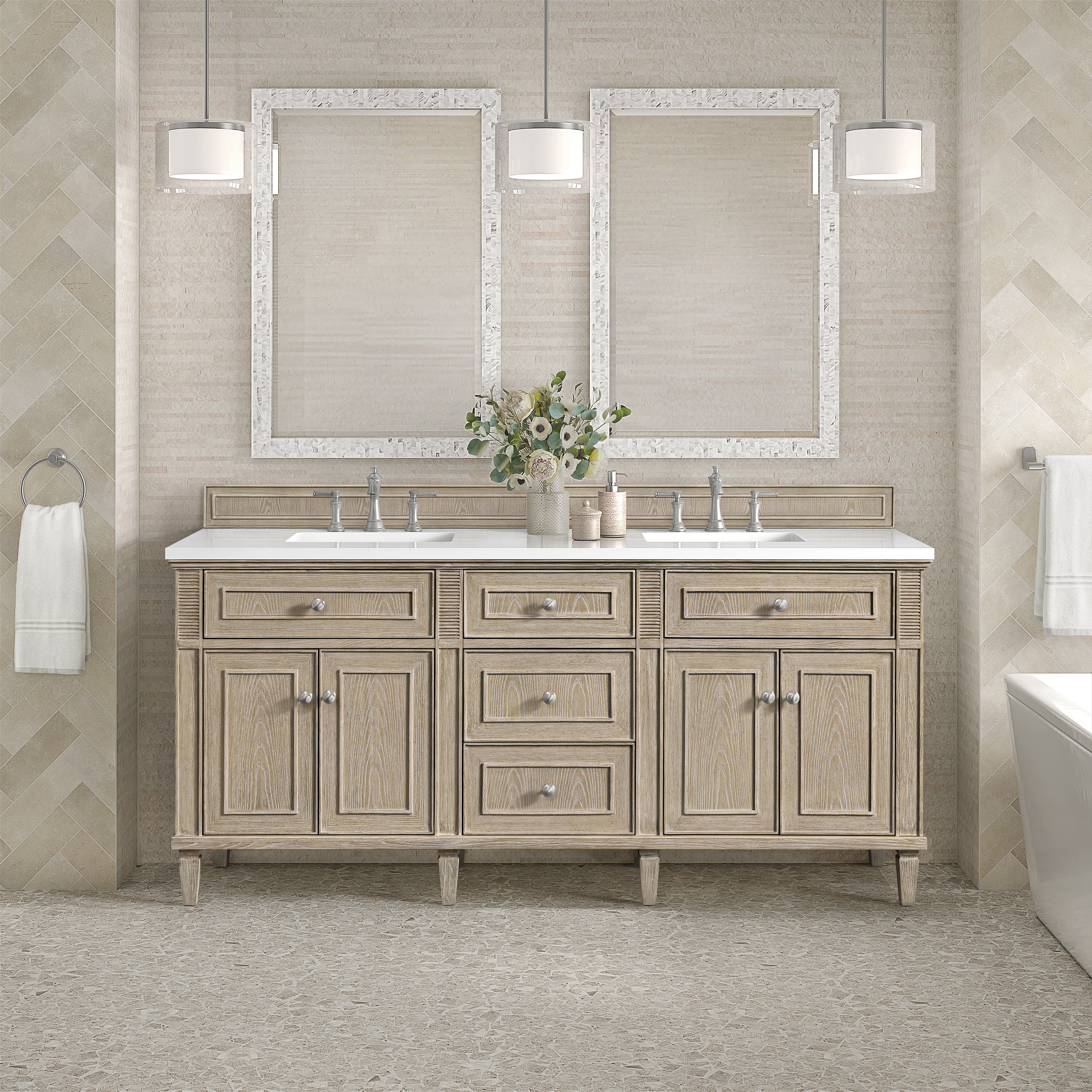 James Martin Lorelai 72" Double Vanity in Whitewashed Oak with 3cm Countertop