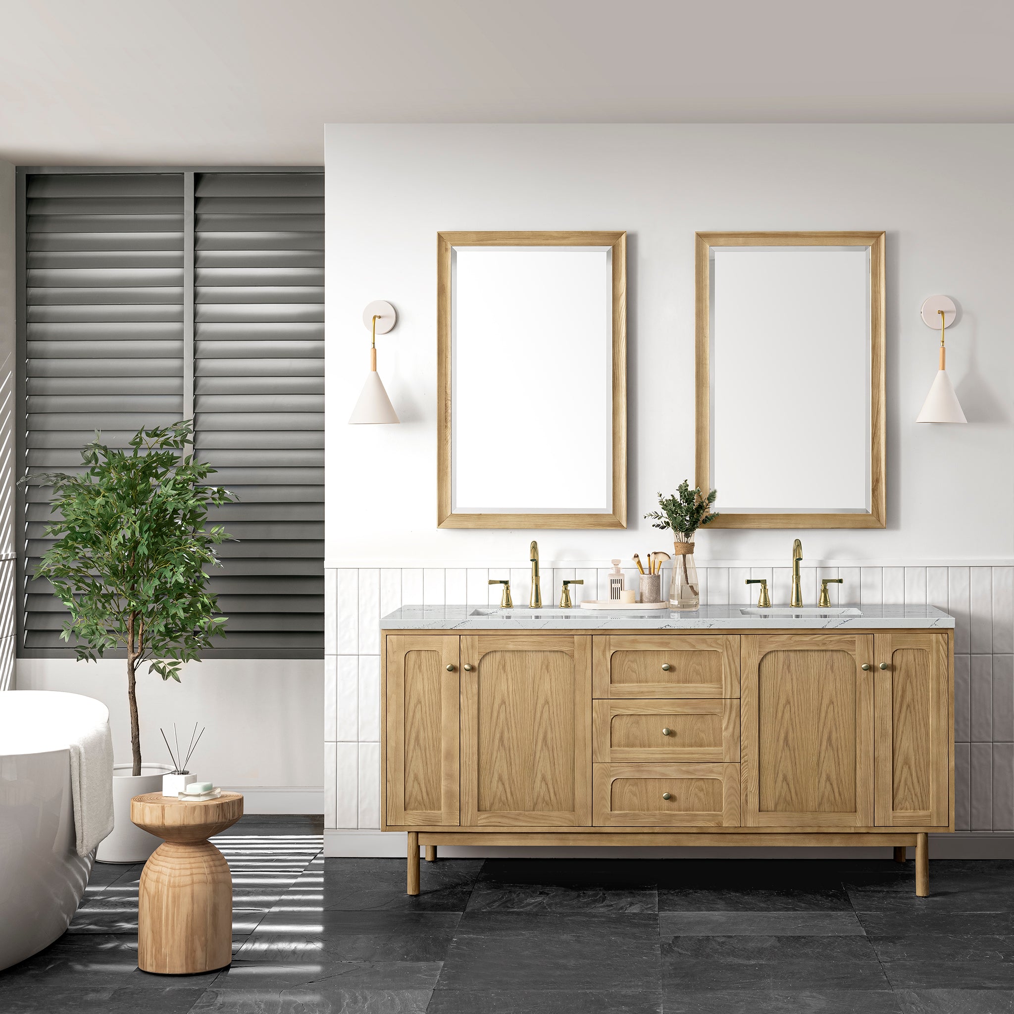James Martin Laurent 72" Double Vanity in Light Natural Oak with 3cm Countertop and FreePower Wireless Charger