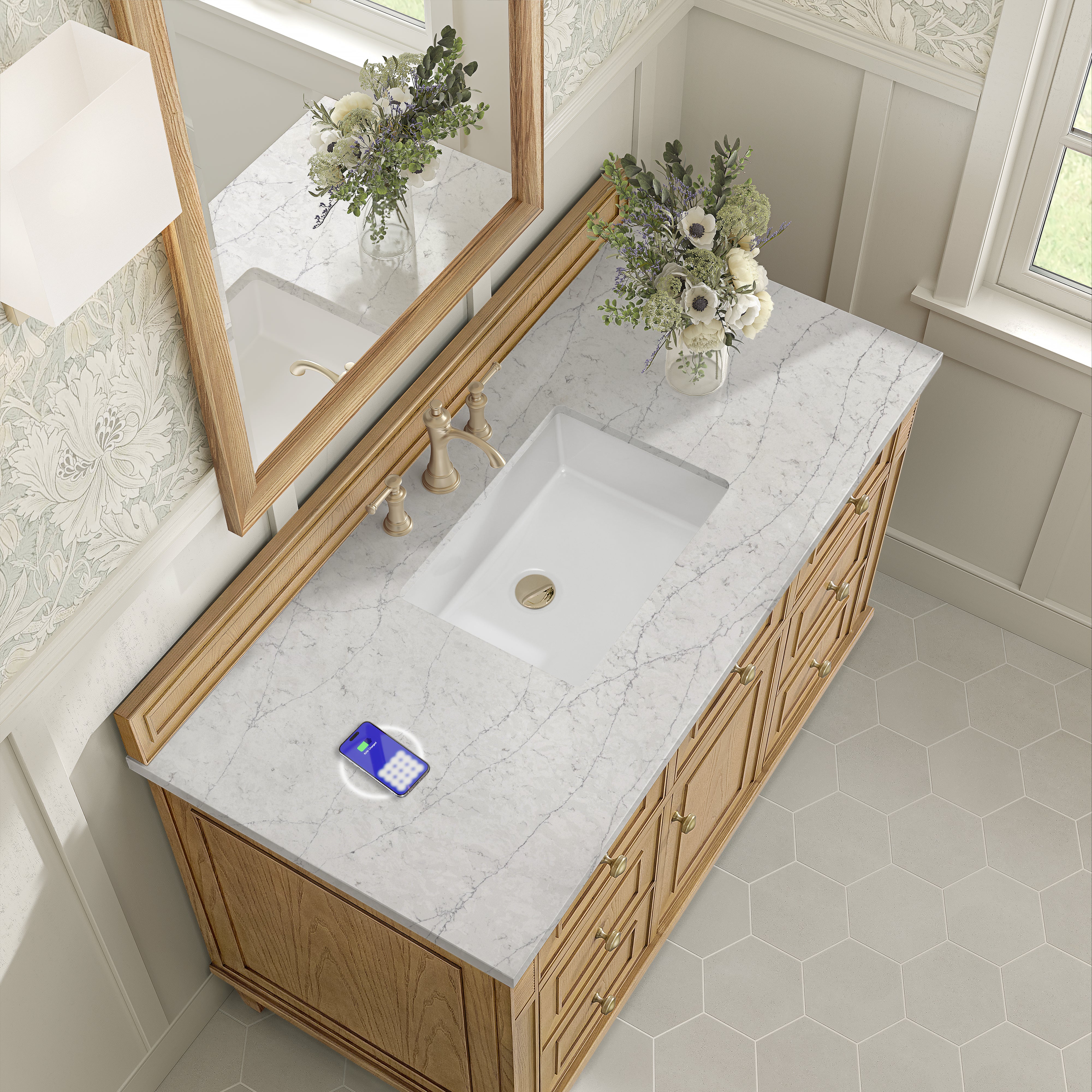 James Martin Lorelai 48" Single Vanity in Light Natural Oak with 3cm Countertop and FreePower Wireless Charger