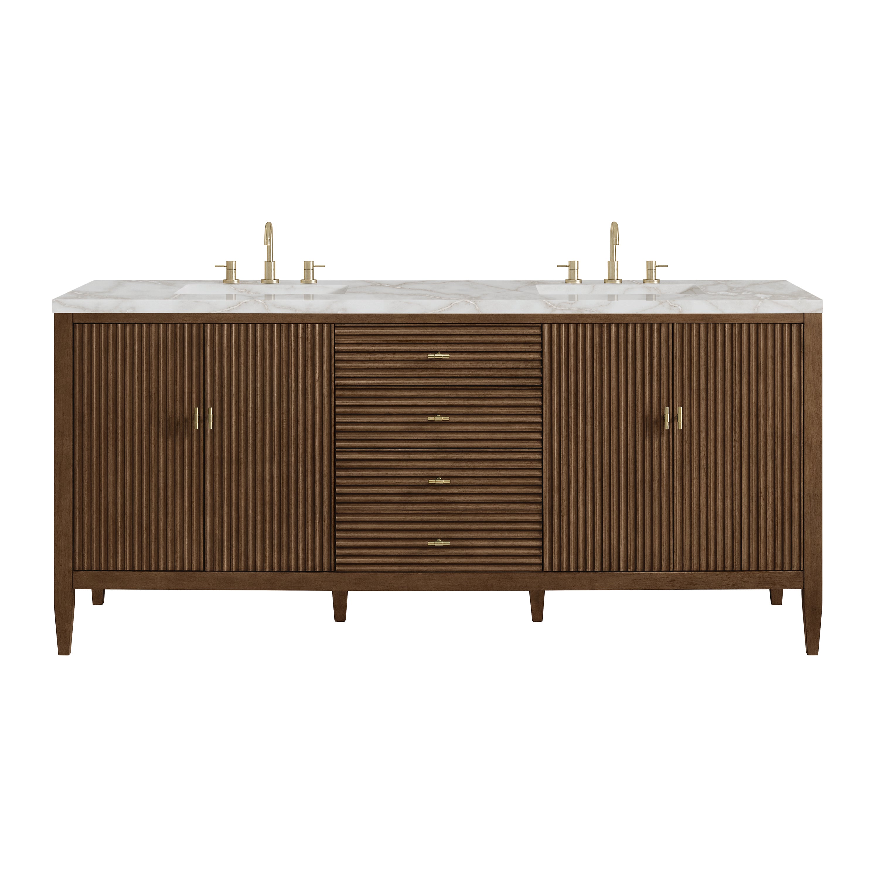 James Martin Myrrin 72" Double Vanity in Mid Century Walnut with 3cm Countertop and FreePower Wireless Charger