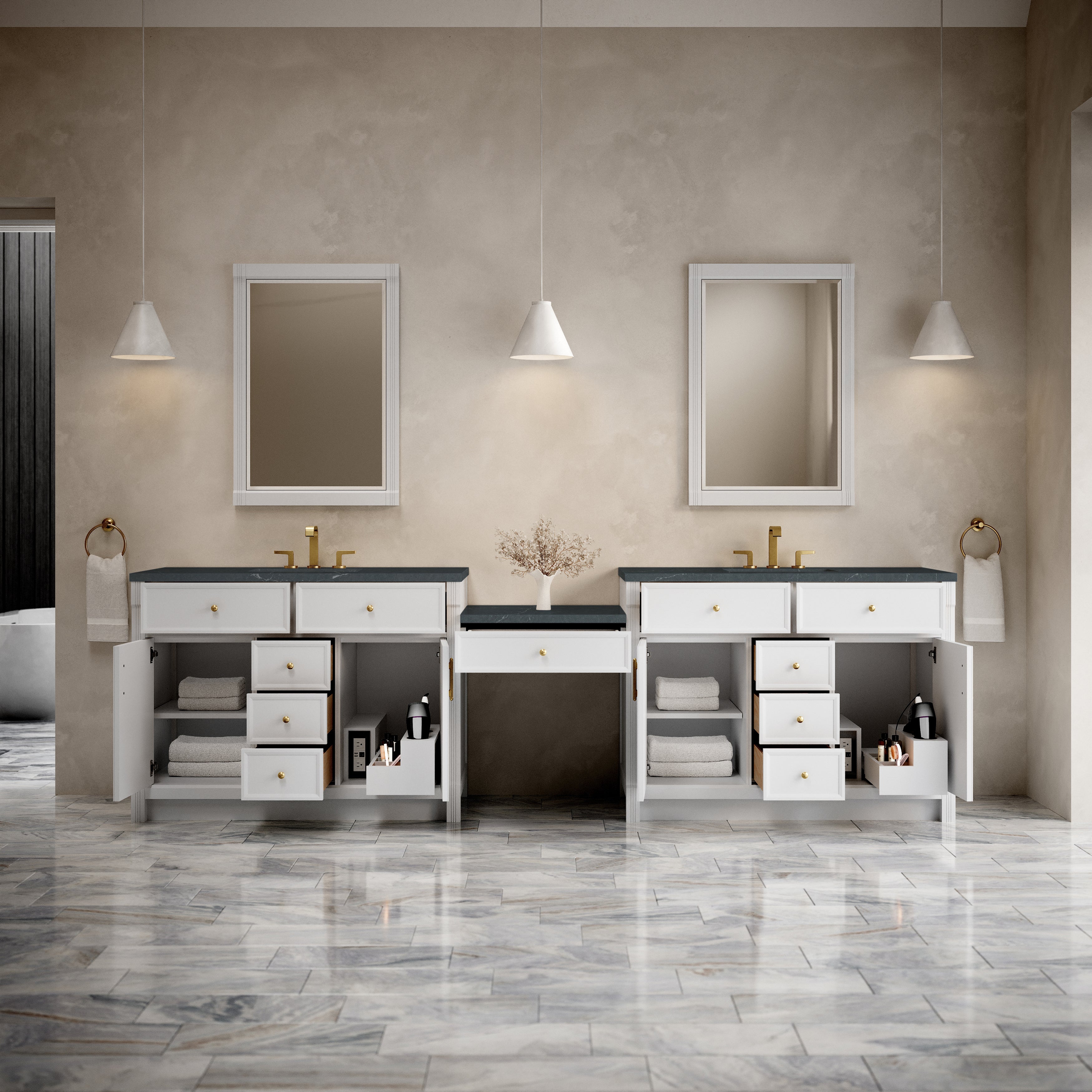 James Martin Bellshire 120" Dual Vanity Set with 24" Make-Up Counter in Bright White with 3cm Countertop
