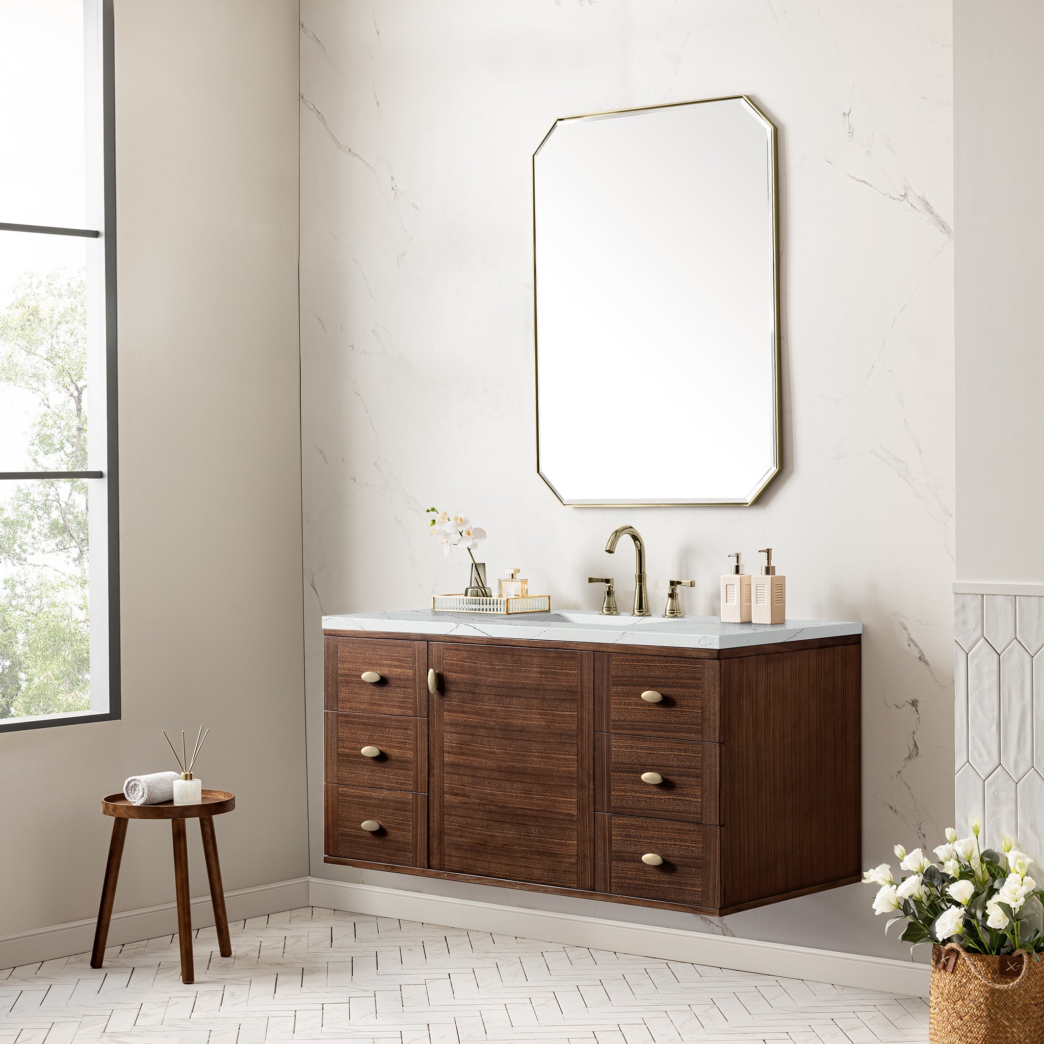 James Martin Amberly 48" Single Vanity in Mid-Century Walnut with 3cm Countertop and FreePower Wireless Charger