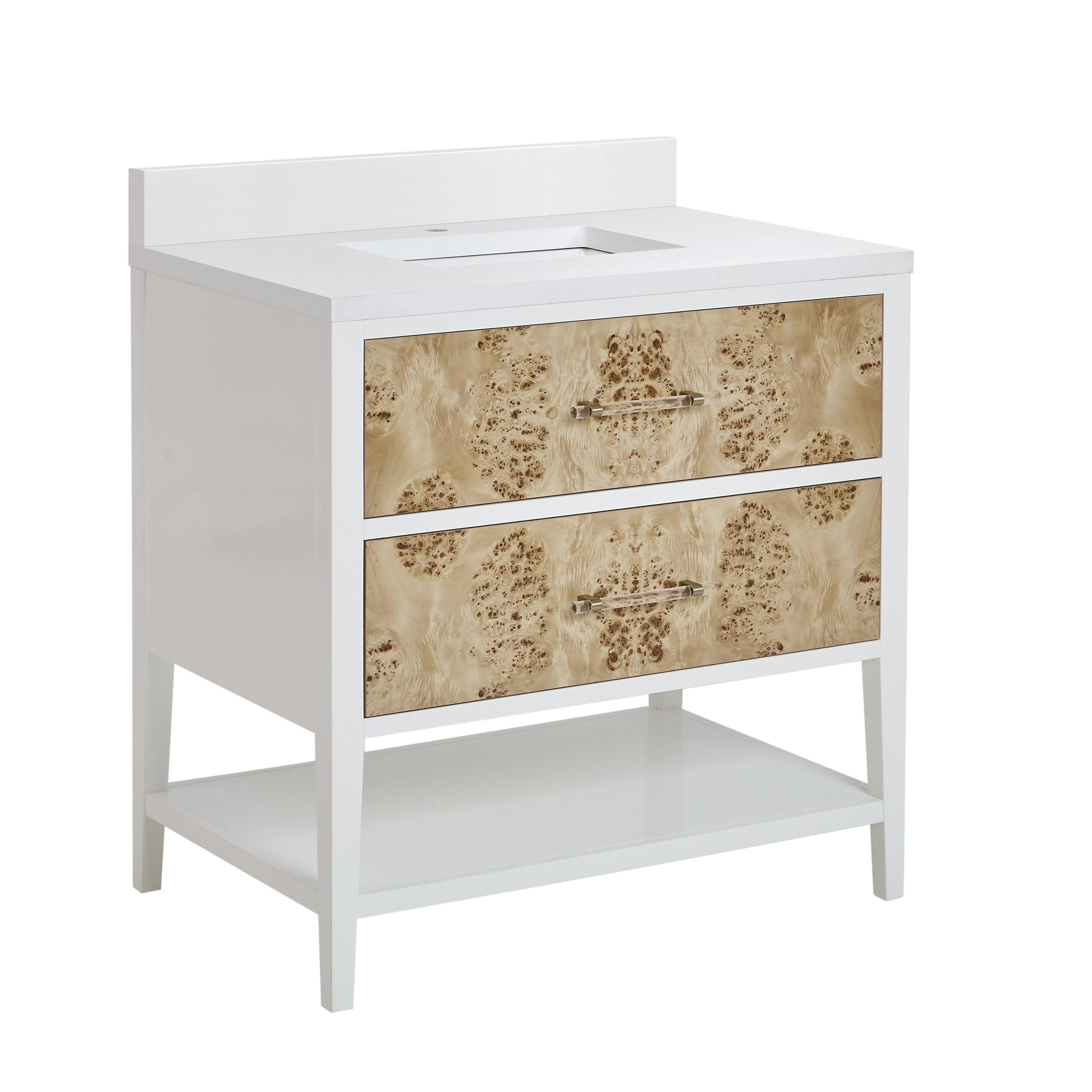 James Martin Olena 36" Single Vanity in Light Mappa Burl and Polished White with 3cm Countertop