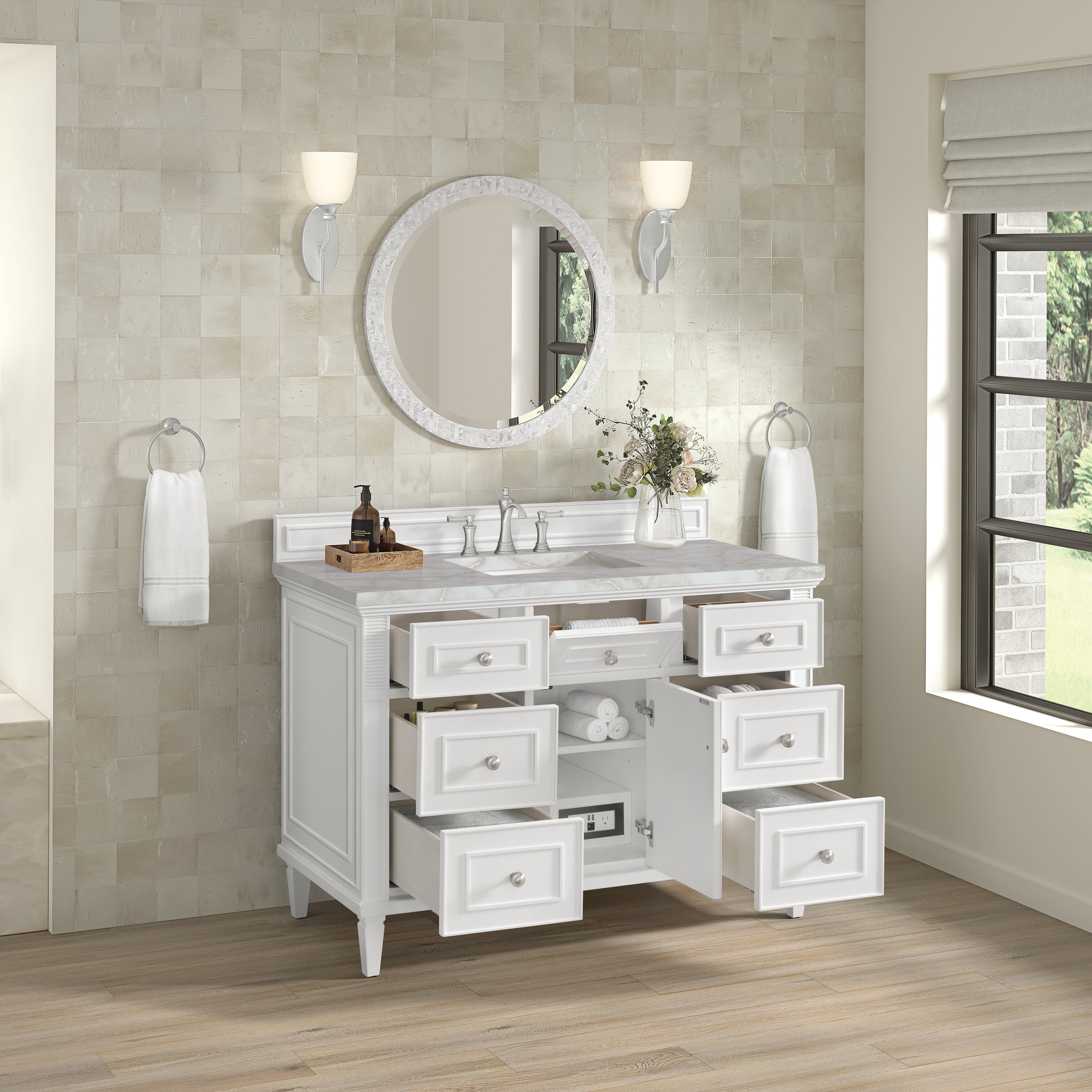 James Martin Lorelai 48" Single Vanity in Bright White with 3cm Countertop and FreePower Wireless Charger