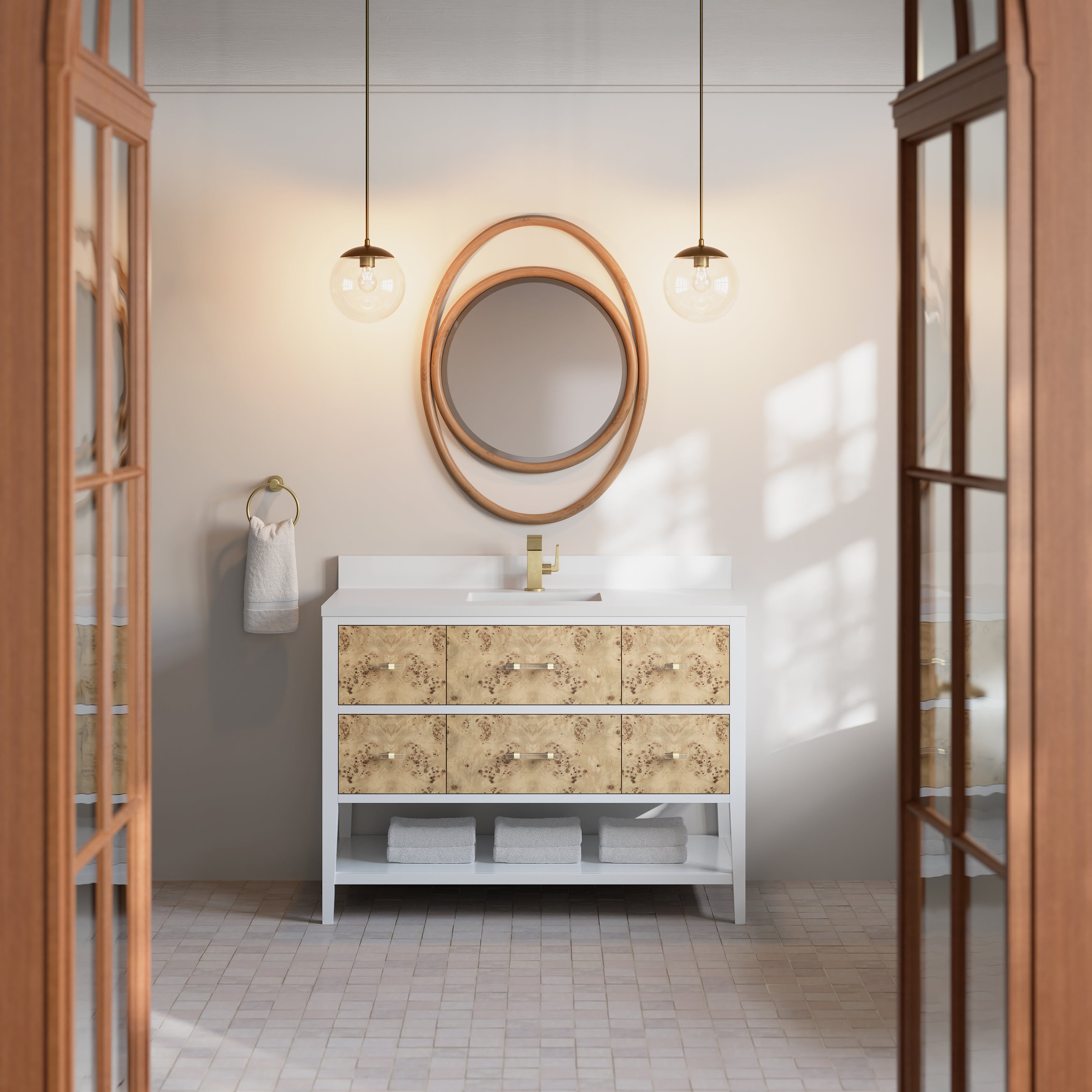 James Martin Olena 48" Single Vanity in Light Mappa Burl and Polished White with 3cm Countertop