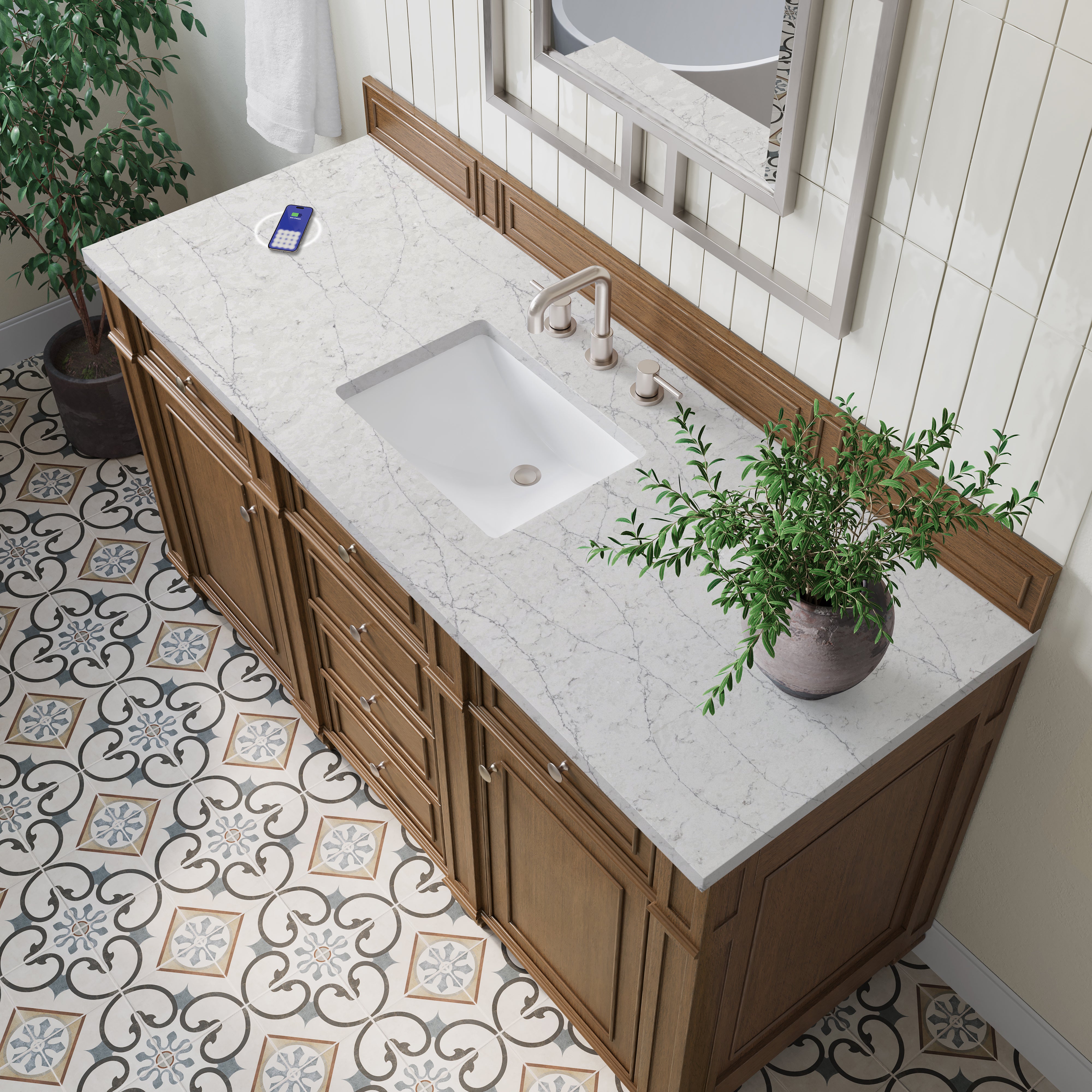 James Martin Bristol 60" Single Vanity in Saddle Brown with 3cm Countertop and FreePower Wireless Charger