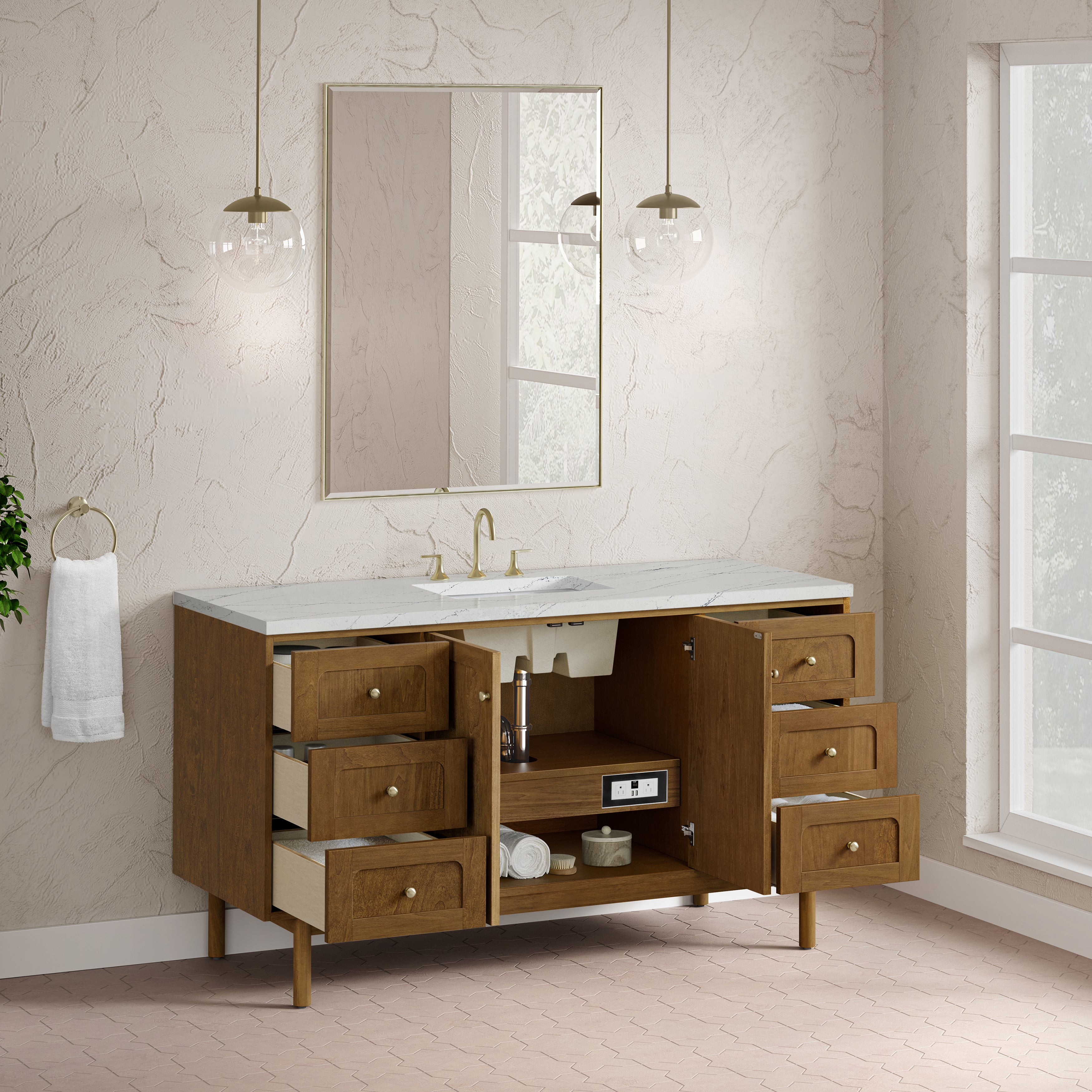 James Martin Laurent 60" Single Vanity in Honey Oak with 3cm Countertop and FreePower Wireless Charger