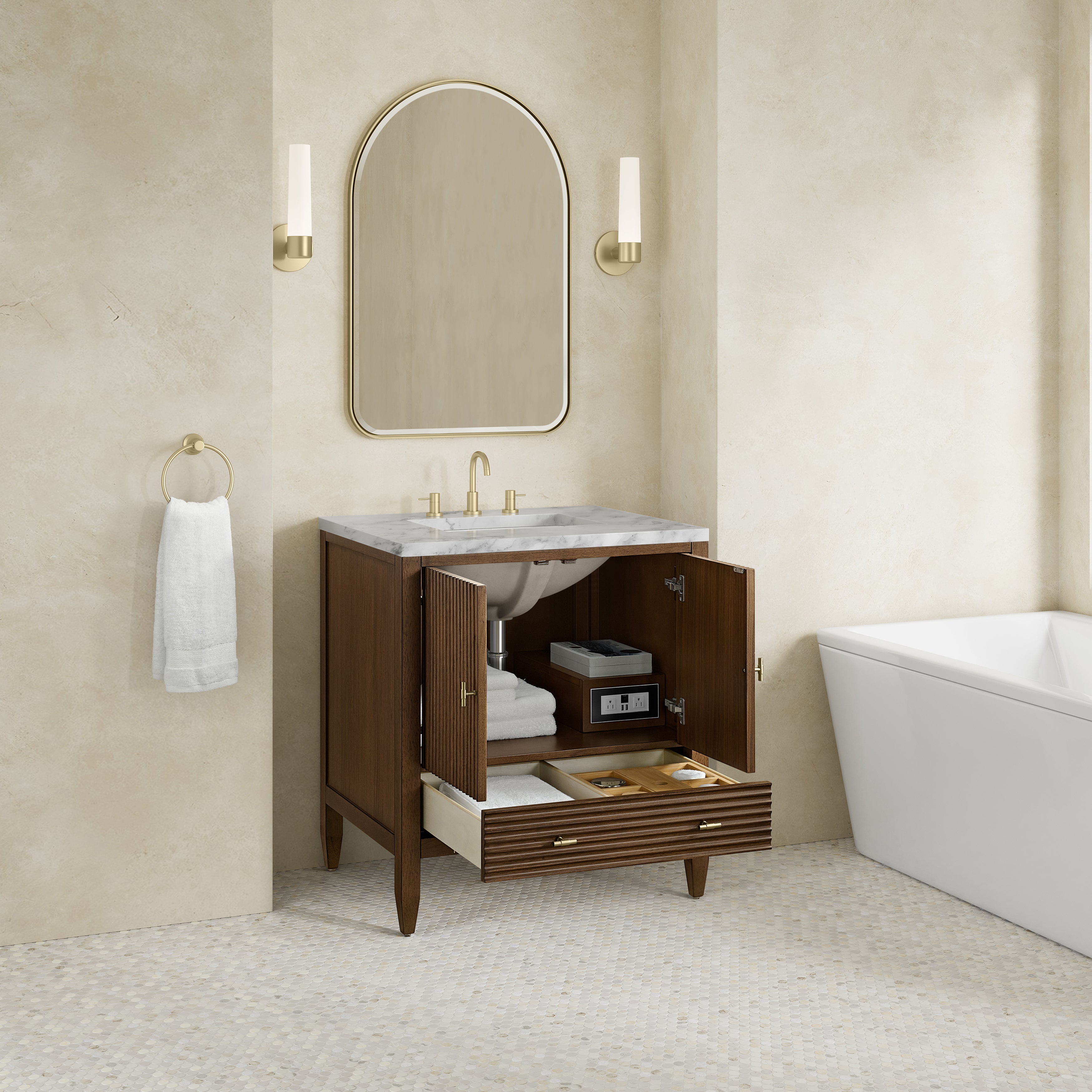 James Martin Myrrin 30" Single Vanity in Mid-Century Walnut with 3cm Countertop