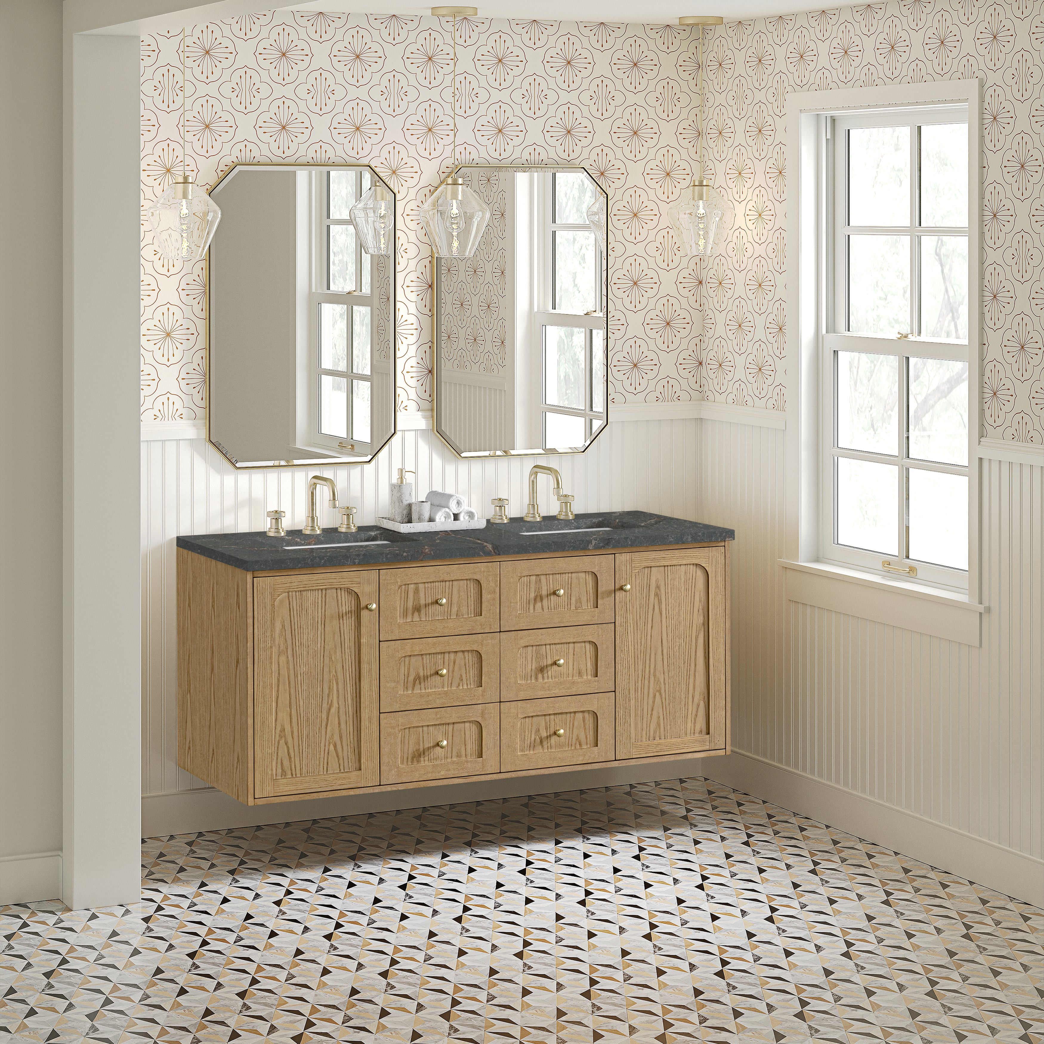 James Martin Laurent 60" Double Vanity in Light Natural Oak with 3cm Countertop and FreePower Wireless Charger