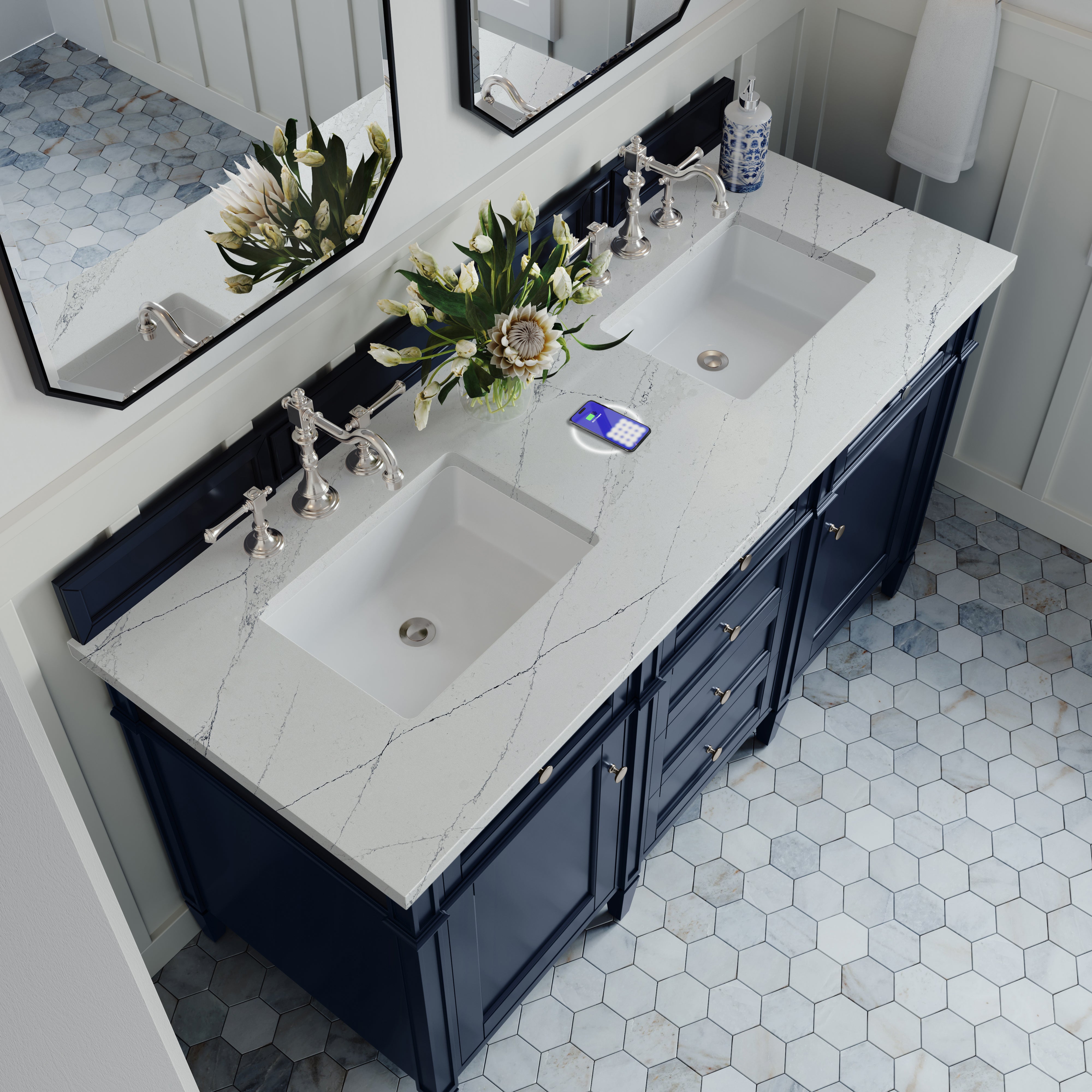 James Martin Brittany 60" Double Vanity in Victory Bleu with 3cm Countertop and FreePower Wireless Charger