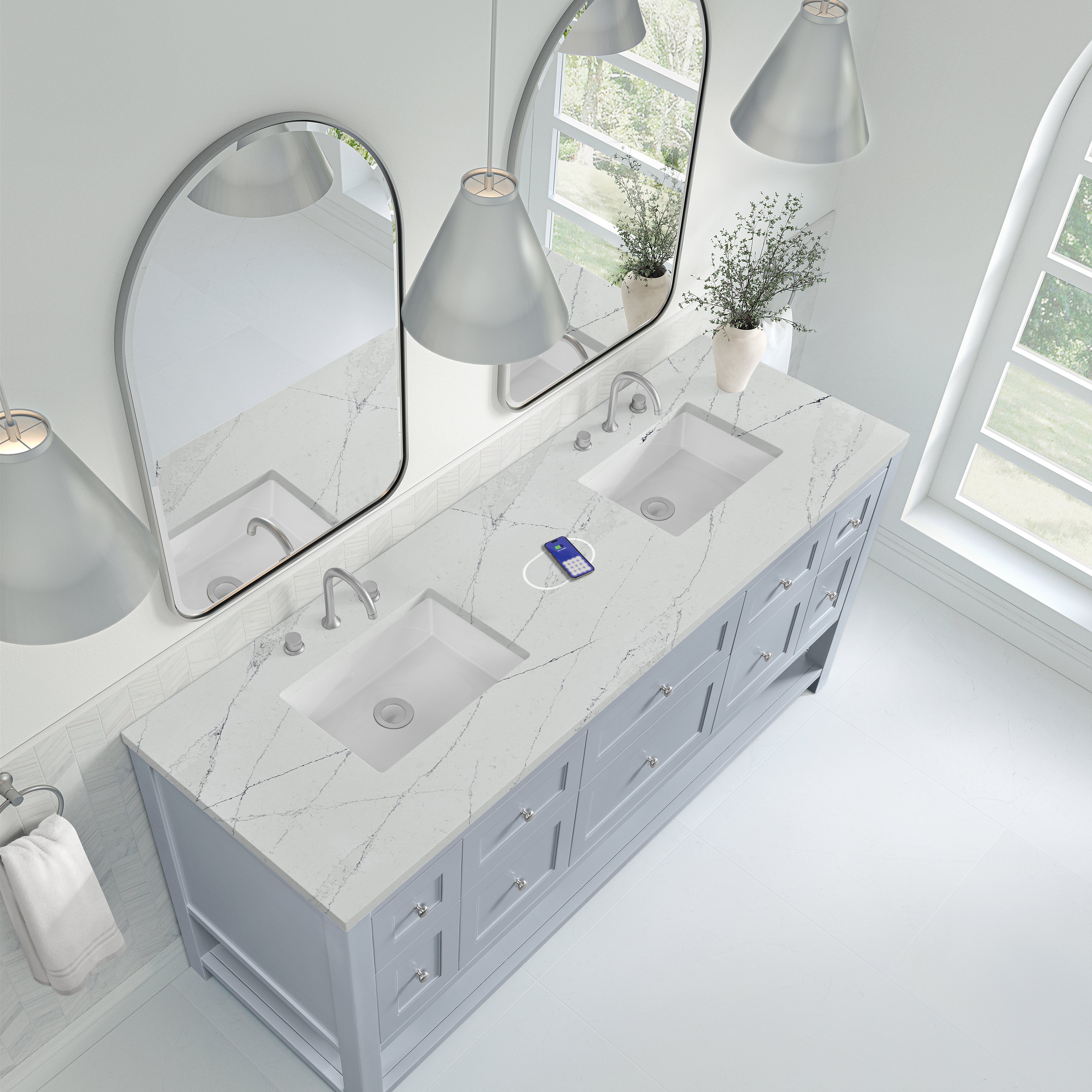 James Martin Breckenridge 72" Double Vanity in Serenity Blue with 3cm Countertop and FreePower Wireless Charger