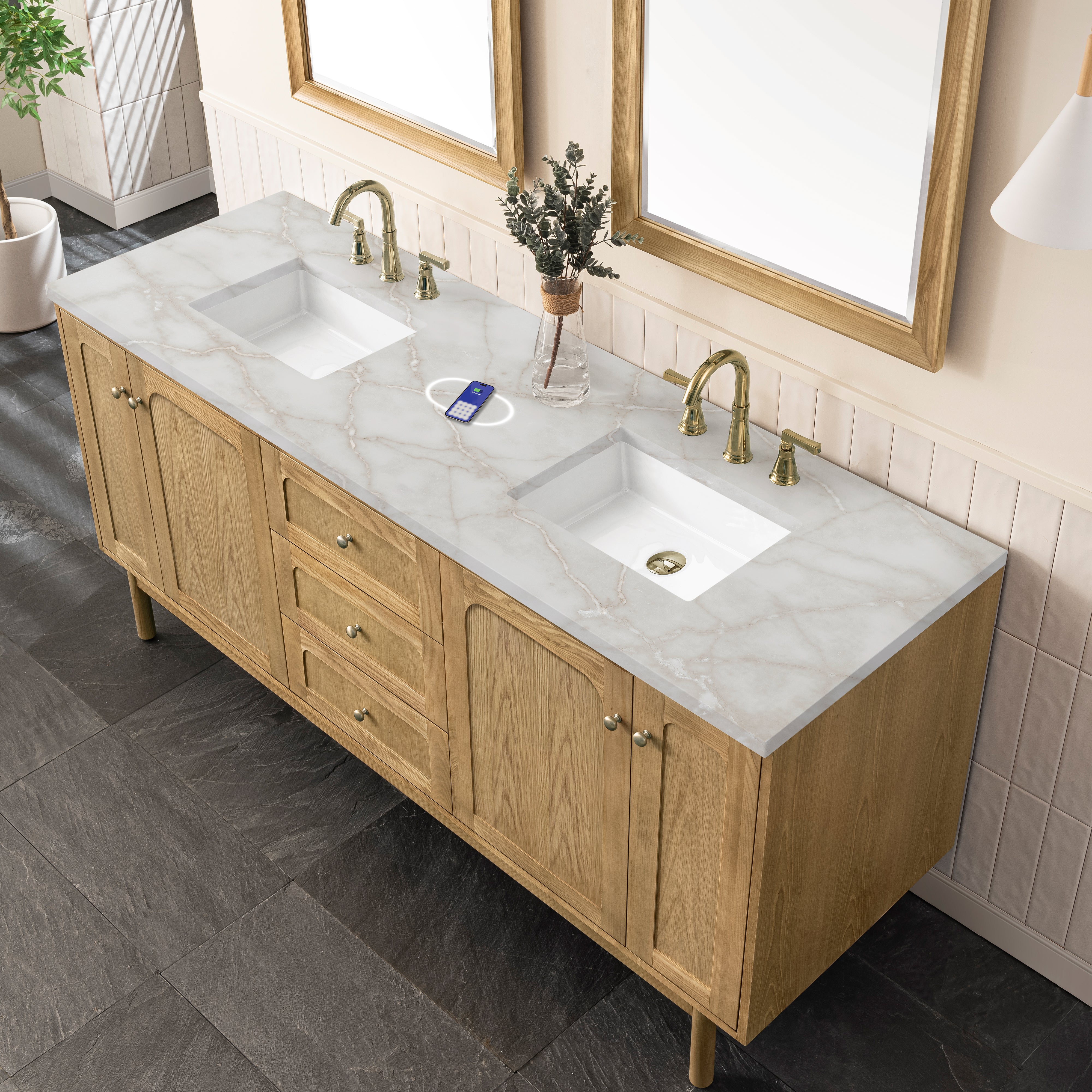 James Martin Laurent 72" Double Vanity in Light Natural Oak with 3cm Countertop and FreePower Wireless Charger