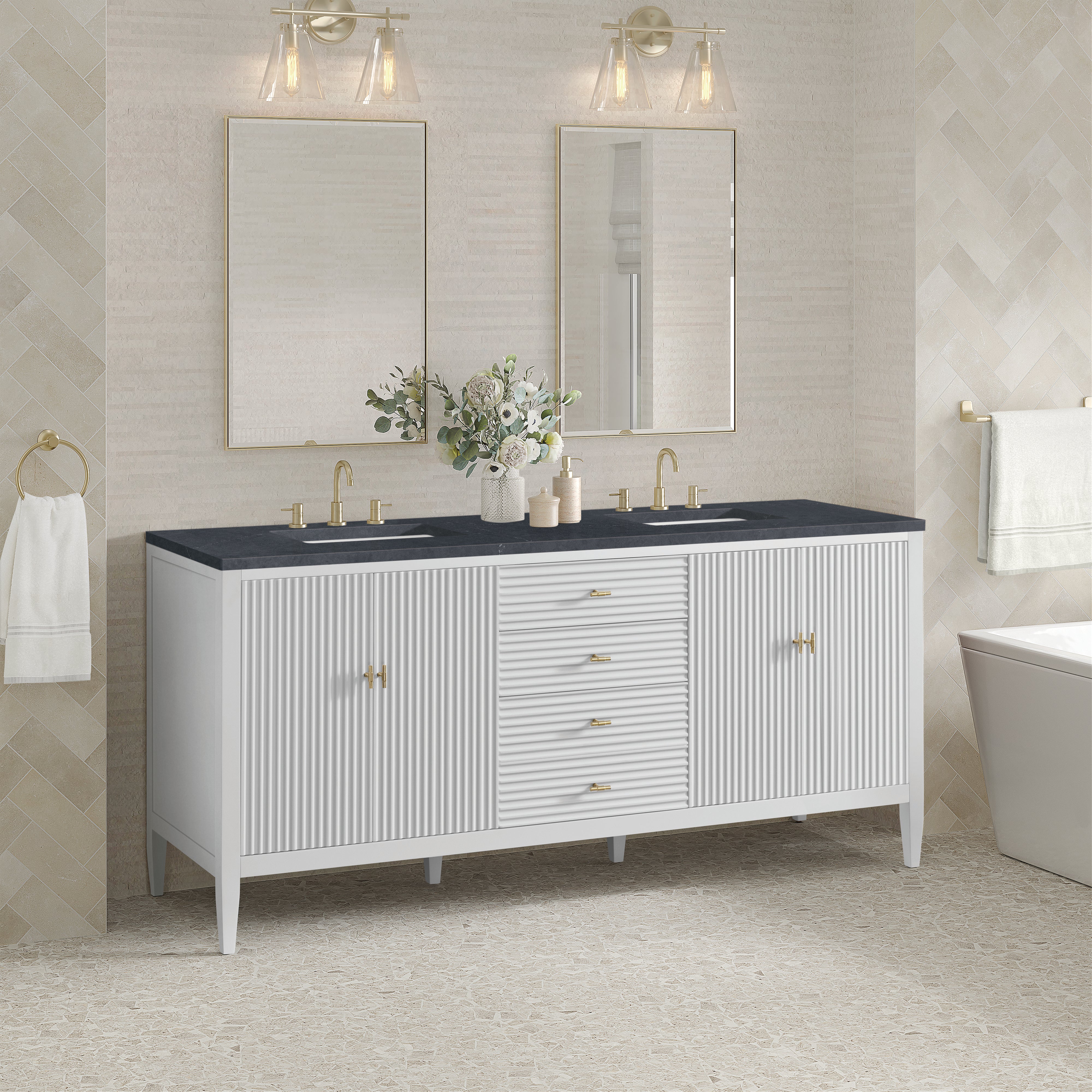 James Martin Myrrin 72" Double Vanity in Bright White with 3cm Countertop