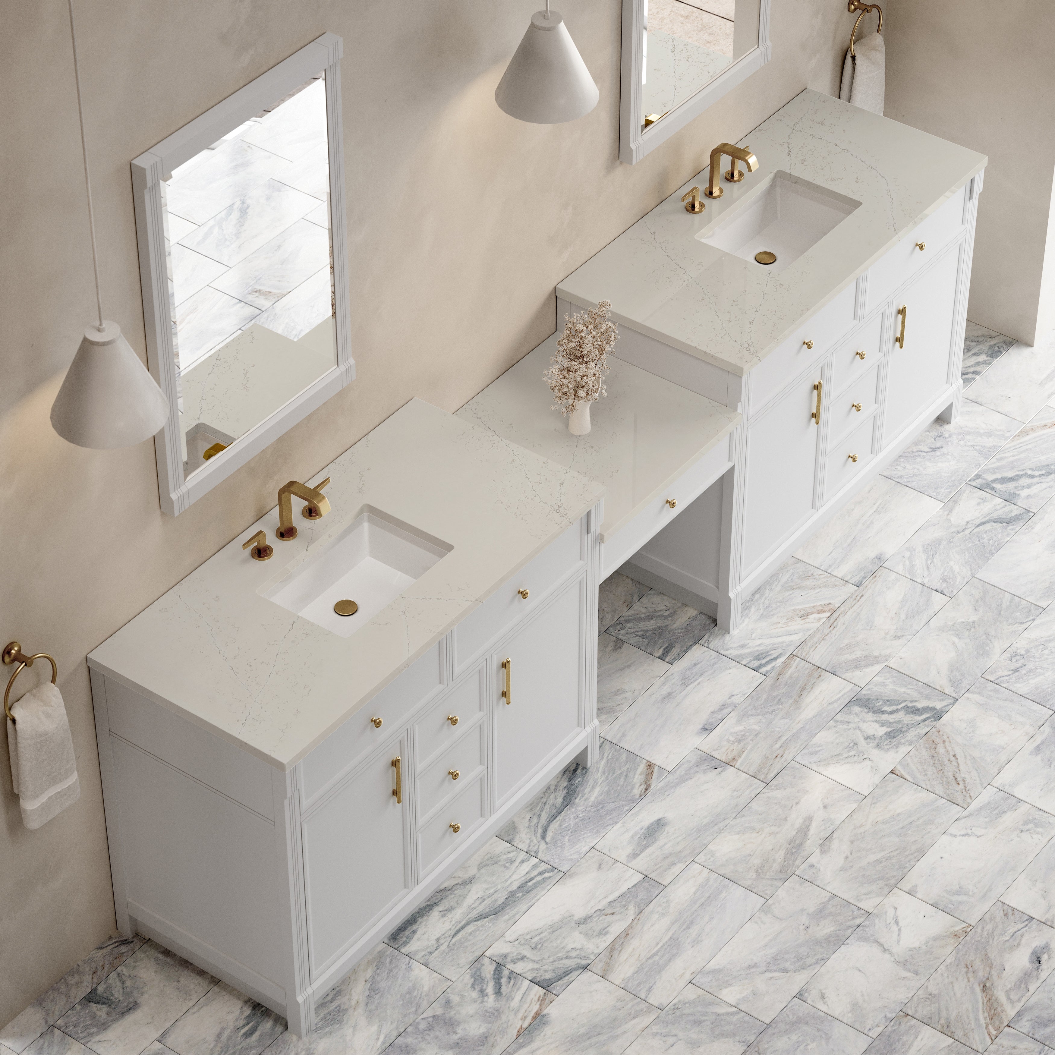 James Martin Bellshire 120" Dual Vanity Set with 24" Make-Up Counter in Bright White with 3cm Countertop