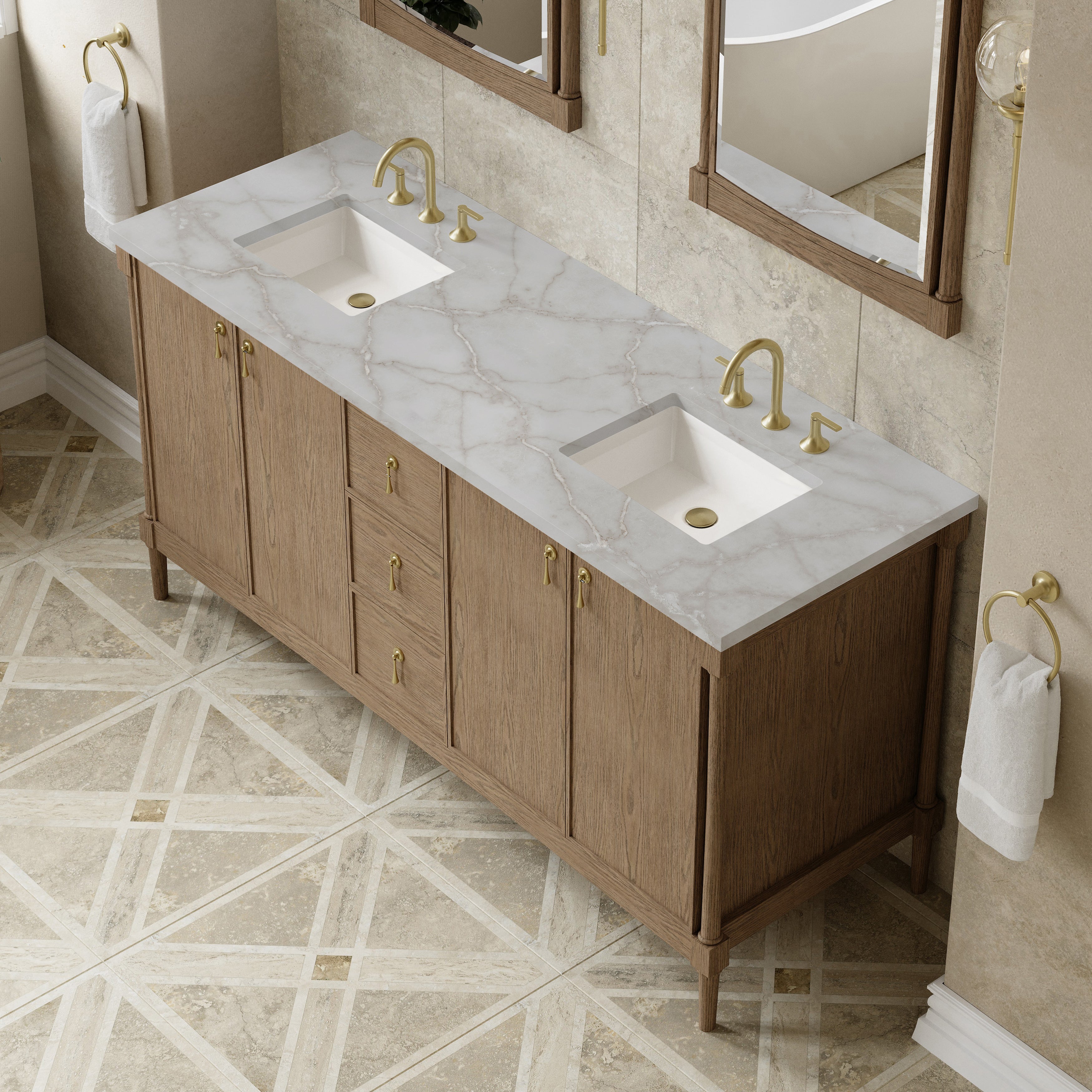James Martin Kinnsden 72" Double Vanity in Weathered Oak with 3cm Carrara Marble Top