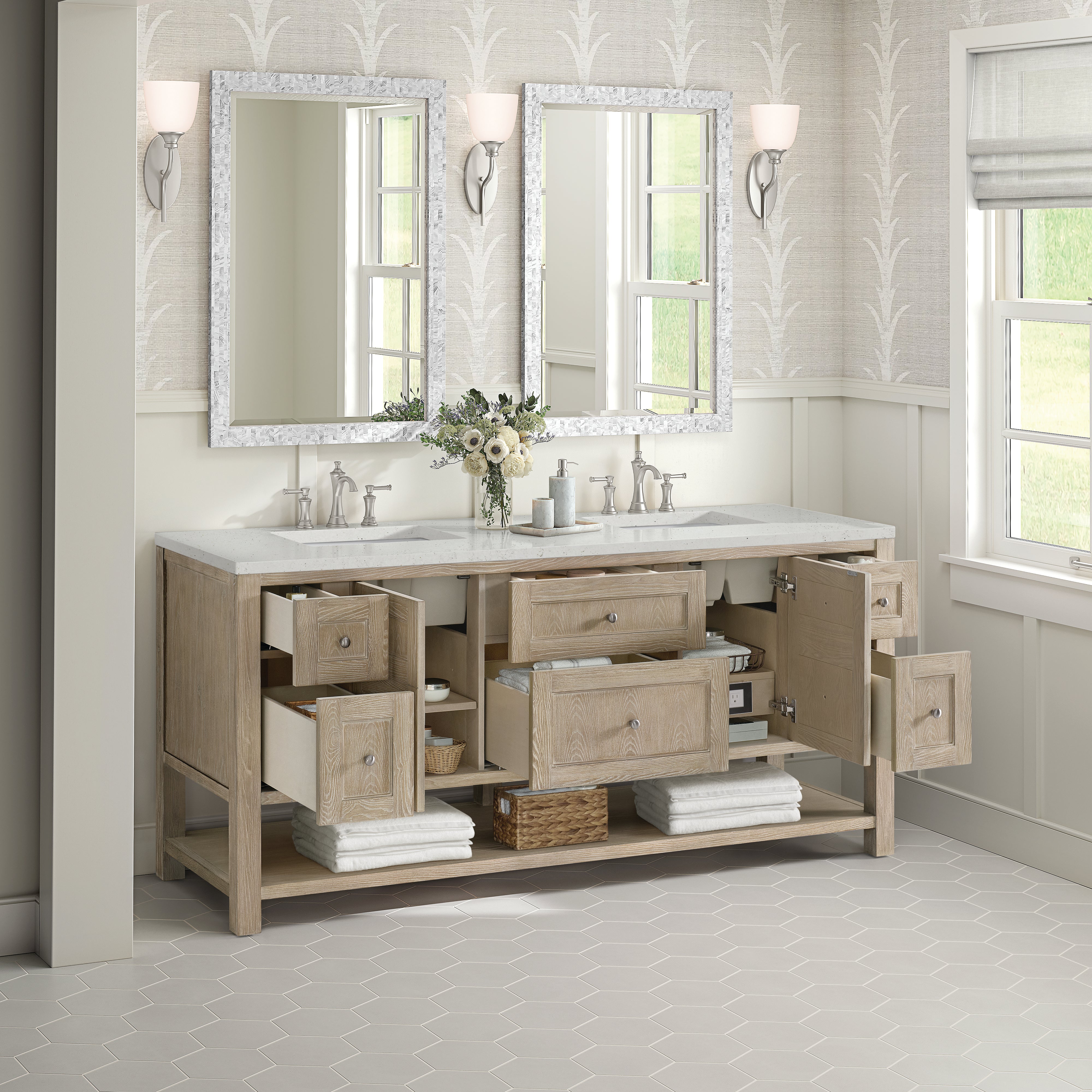 James Martin Breckenridge 72" Double Vanity in Whitewashed Oak with 3cm Countertop