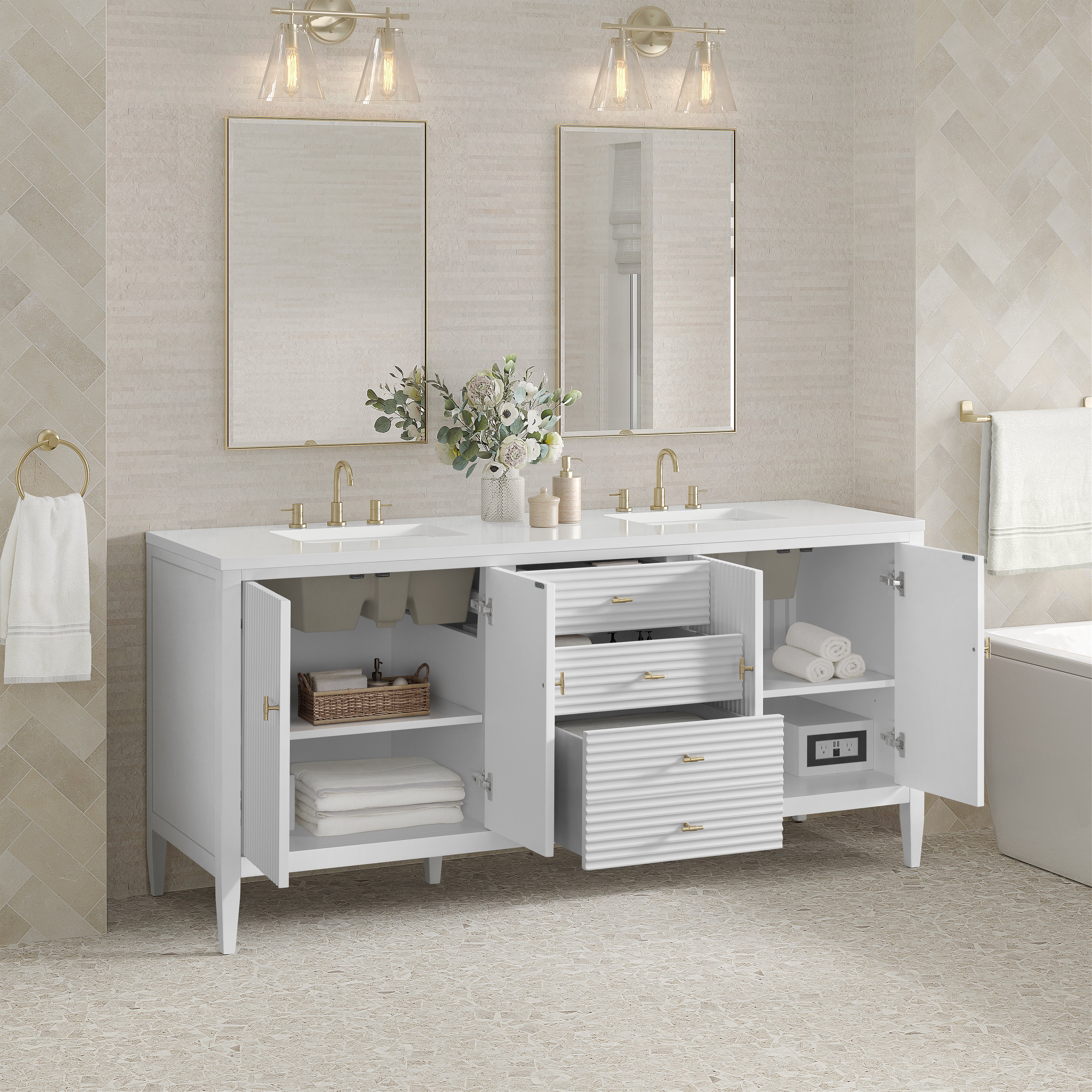 James Martin Myrrin 72" Double Vanity in Bright White with 3cm Countertop