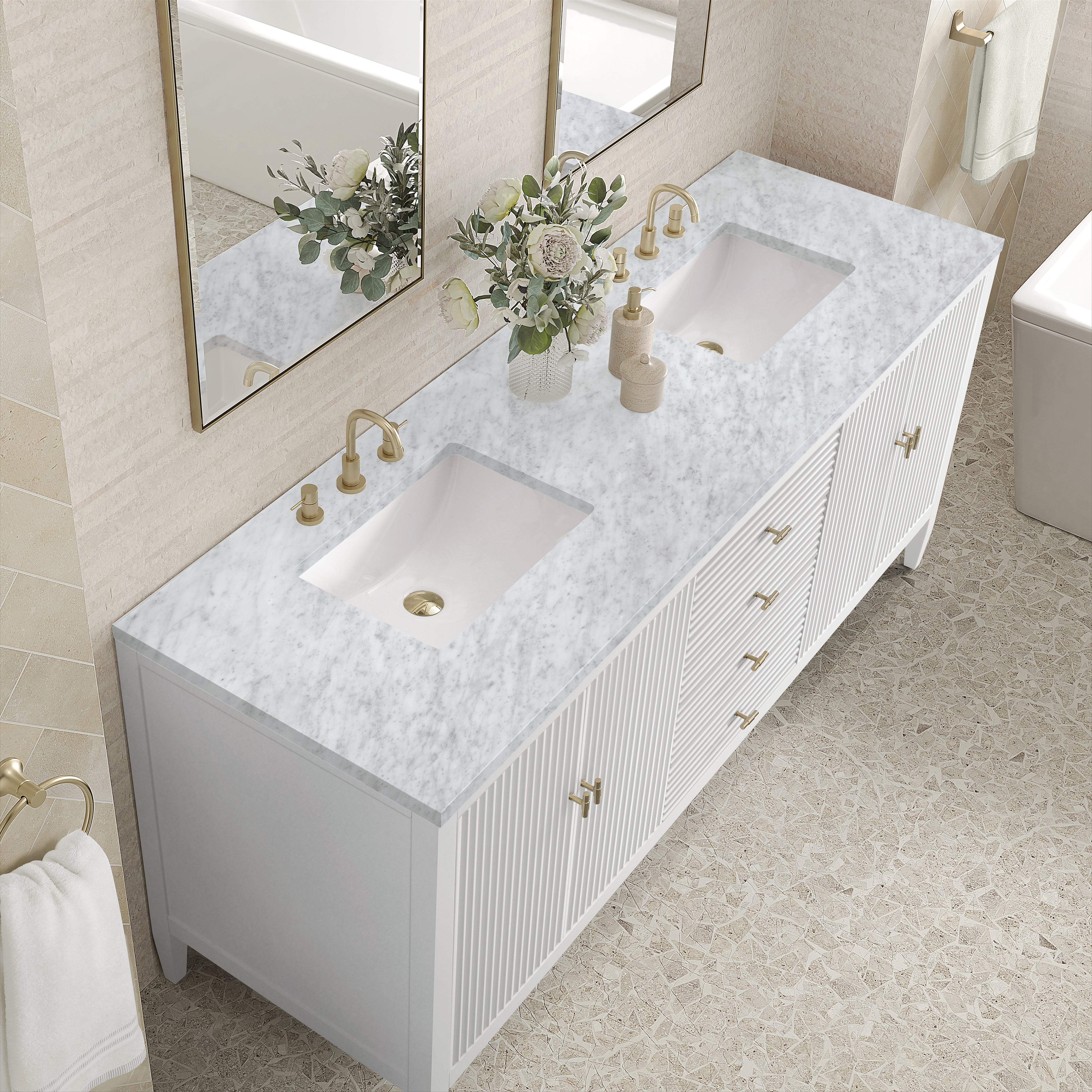 James Martin Myrrin 72" Double Vanity in Bright White with 3cm Countertop