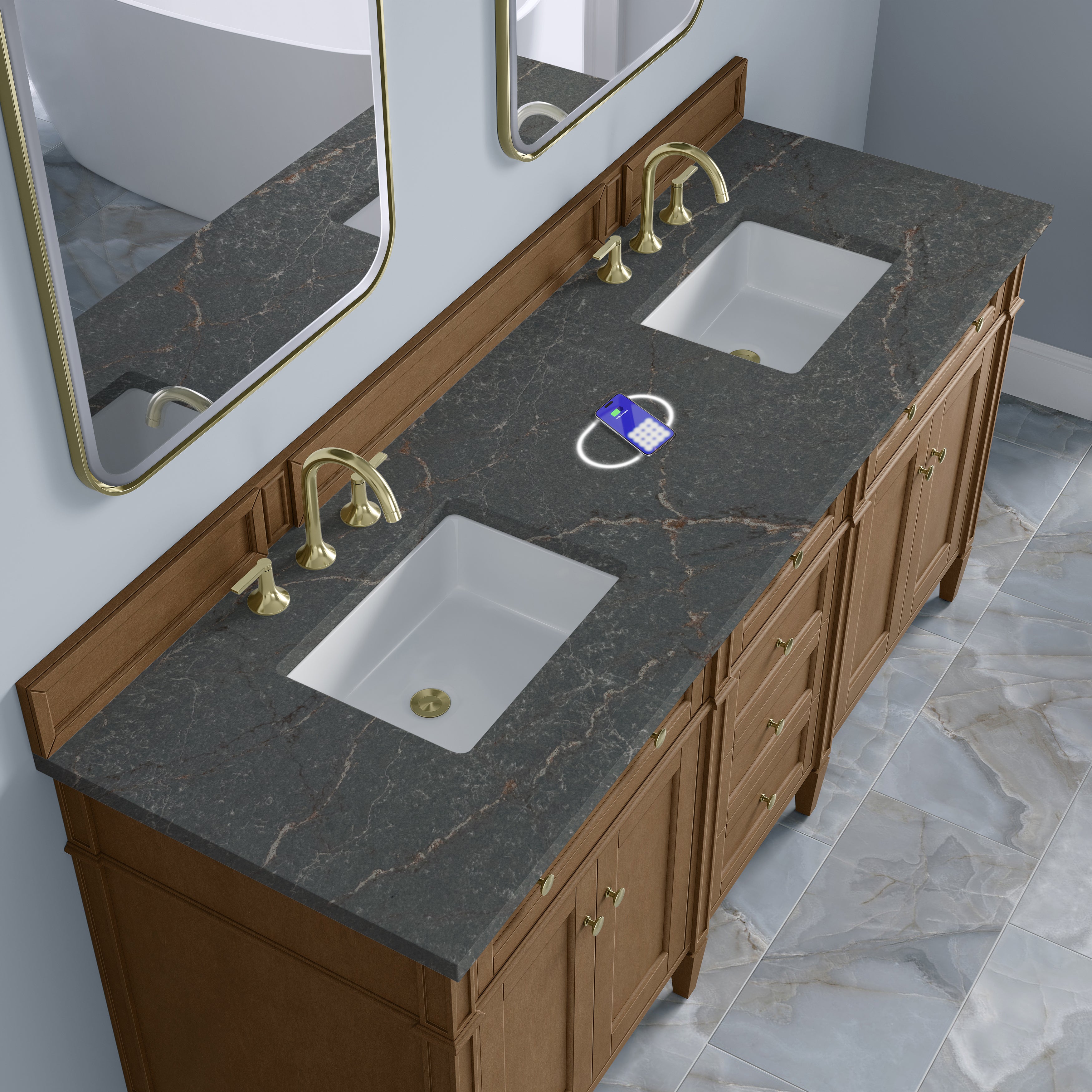 James Martin Brittany 72" Double Vanity in Pecan with 3cm Countertop and FreePower Wireless Charger