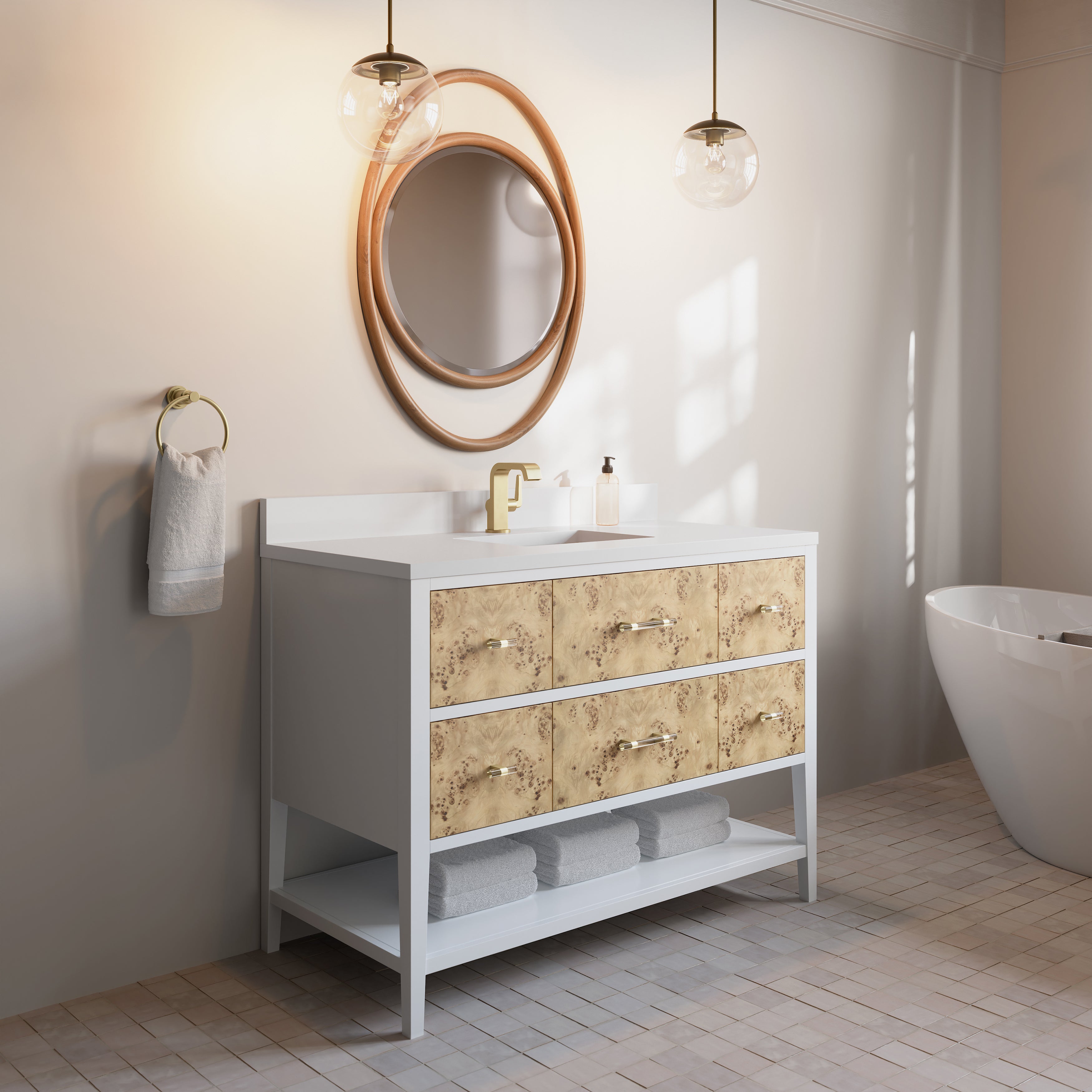 James Martin Olena 48" Single Vanity in Light Mappa Burl and Polished White with 3cm Countertop