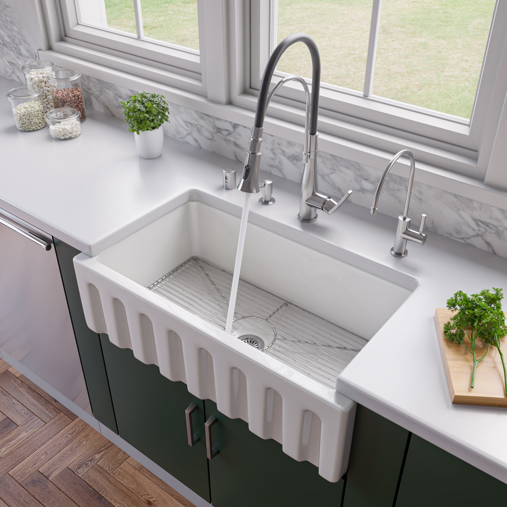 ALFI brand AB3318HS 33" x 18" Reversible Fluted / Smooth Fireclay Farm Sink