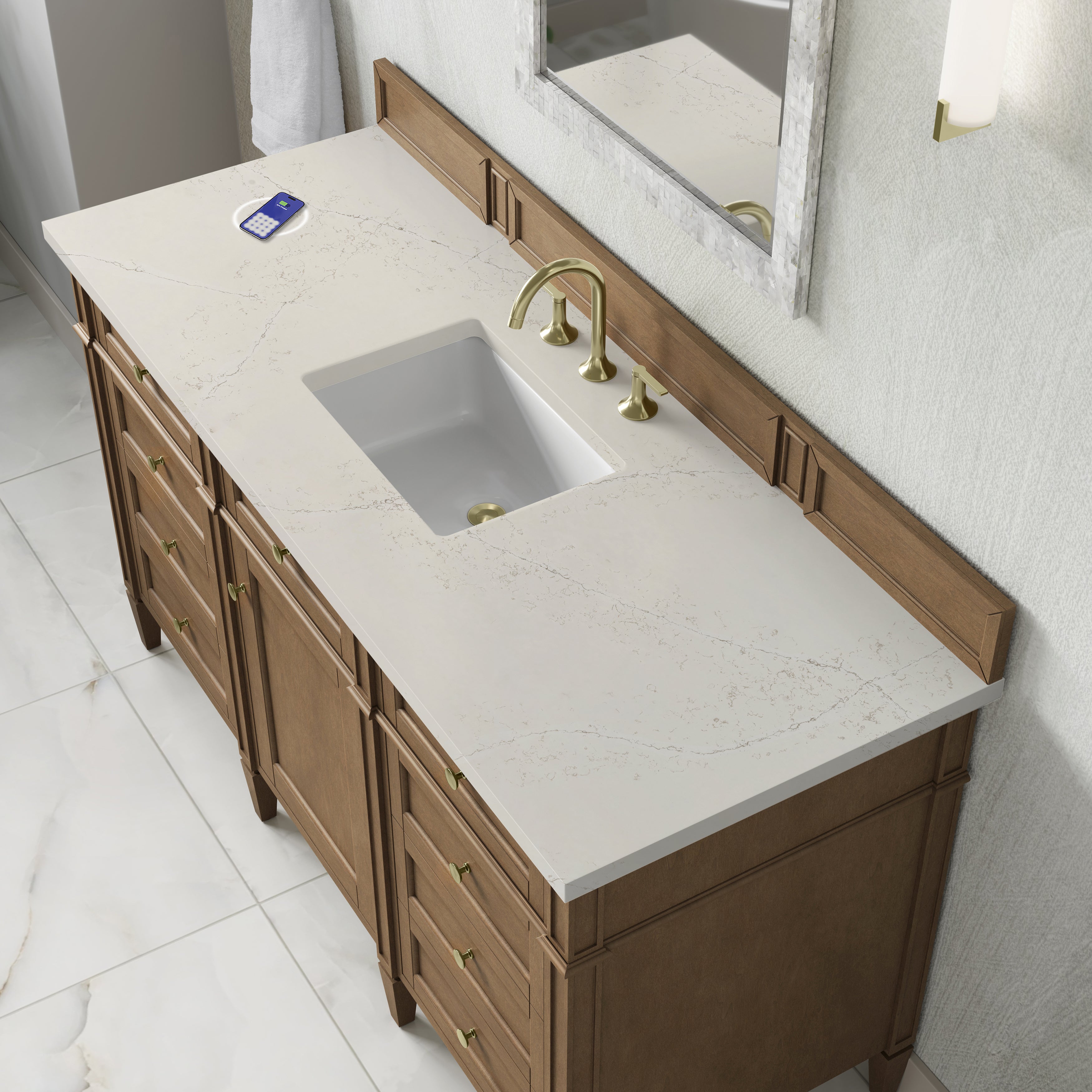 James Martin Brittany 60" Single Vanity in Pecan with 3cm Countertop and FreePower Wireless Charger