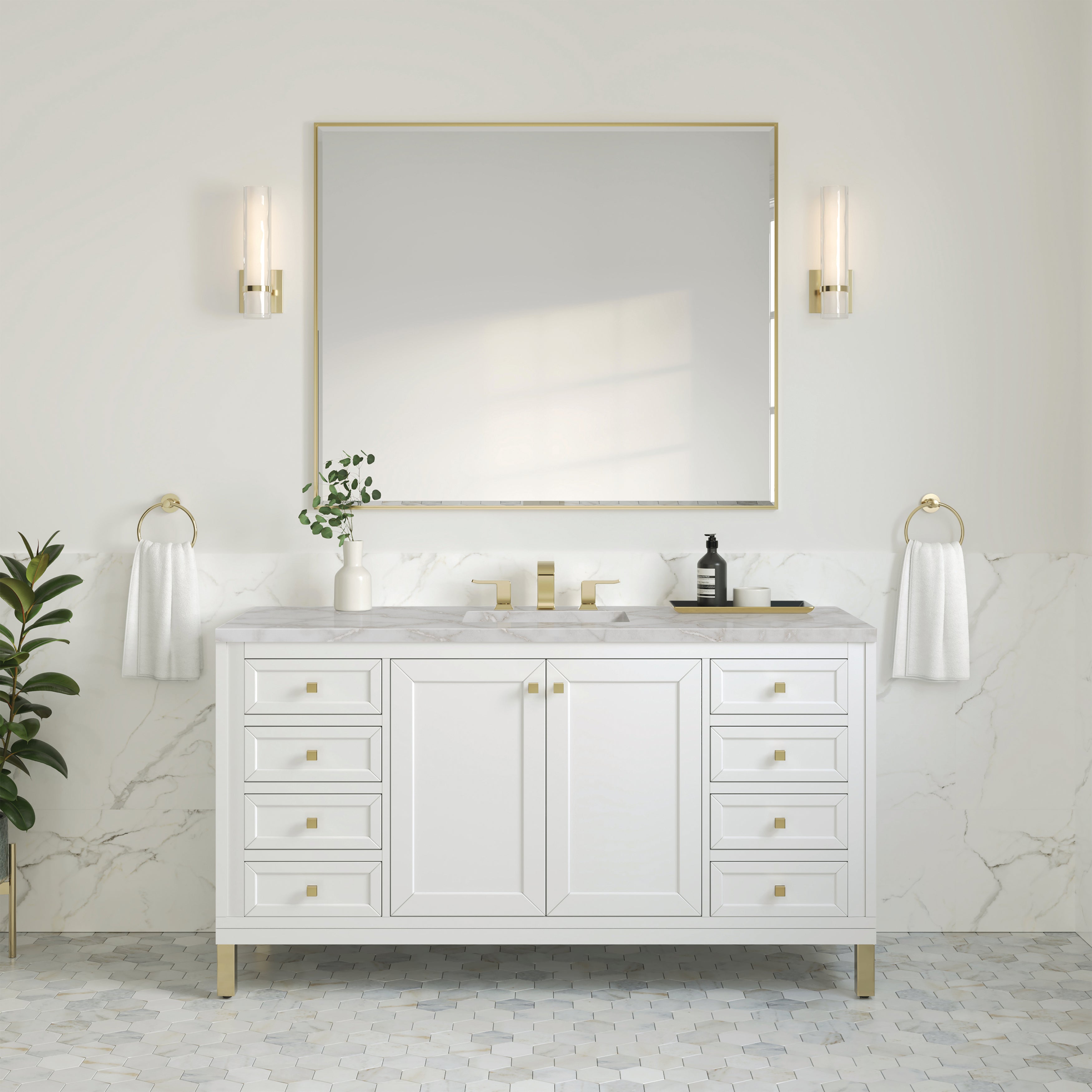 James Martin Chicago 60" Single Vanity in Glossy White with 3cm Countertop and FreePower Wireless Charger