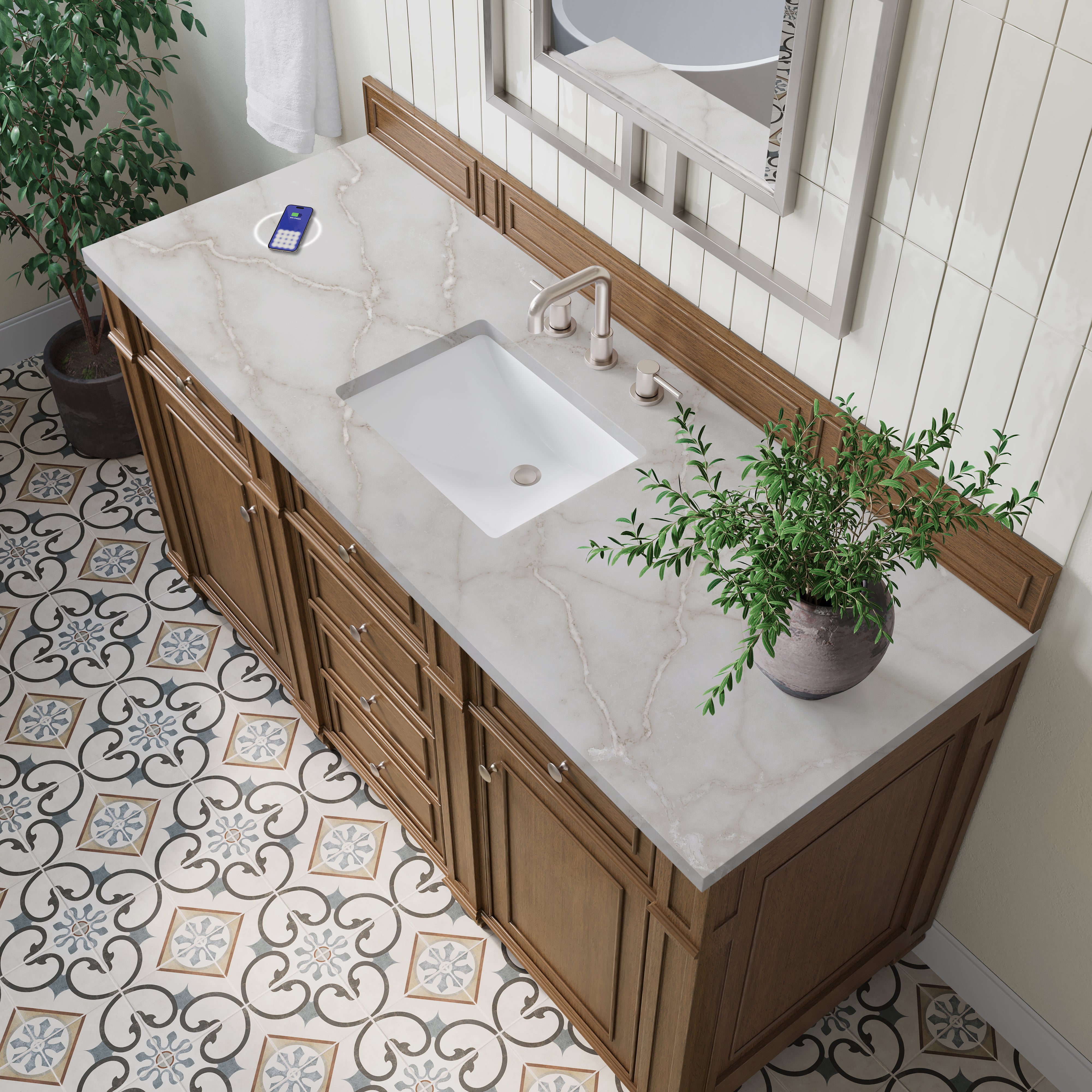 James Martin Bristol 60" Single Vanity in Saddle Brown with 3cm Countertop and FreePower Wireless Charger