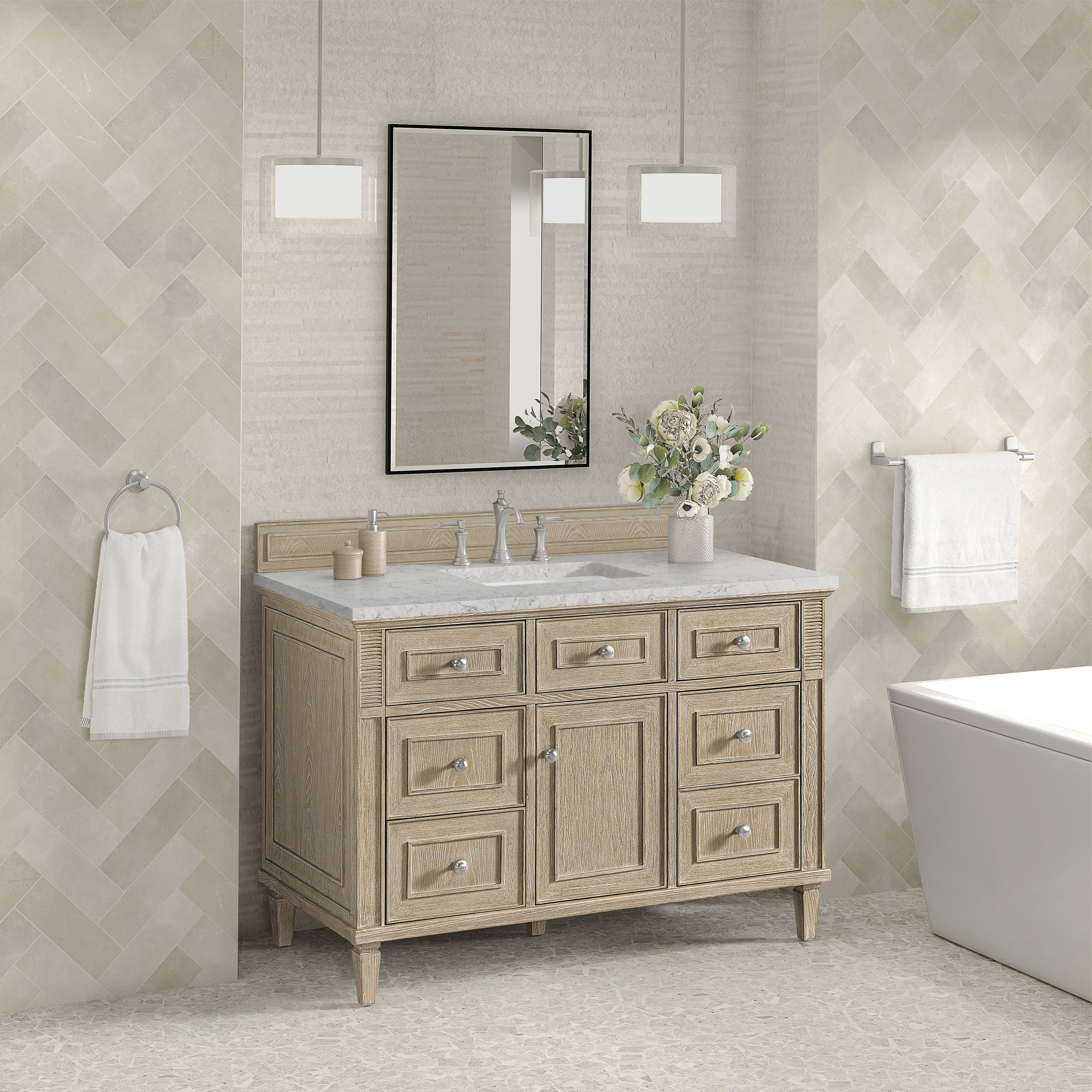 James Martin Lorelai 48" Single Vanity in Whitewashed Oak with 3cm Countertop and FreePower Wireless Charger