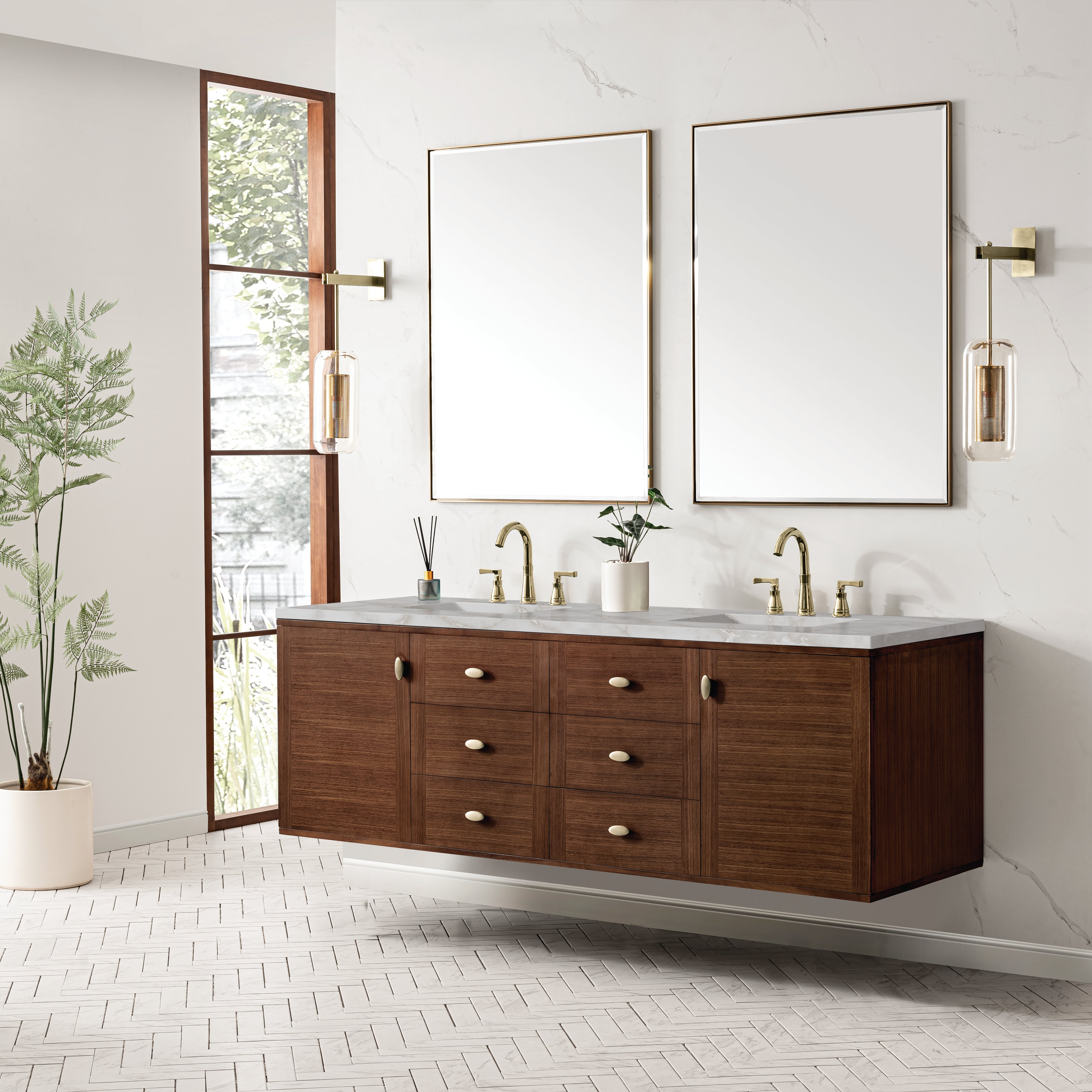 James Martin Amberly 72" Double Vanity in Mid-Century Walnut with 3cm Countertop and FreePower Wireless Charger