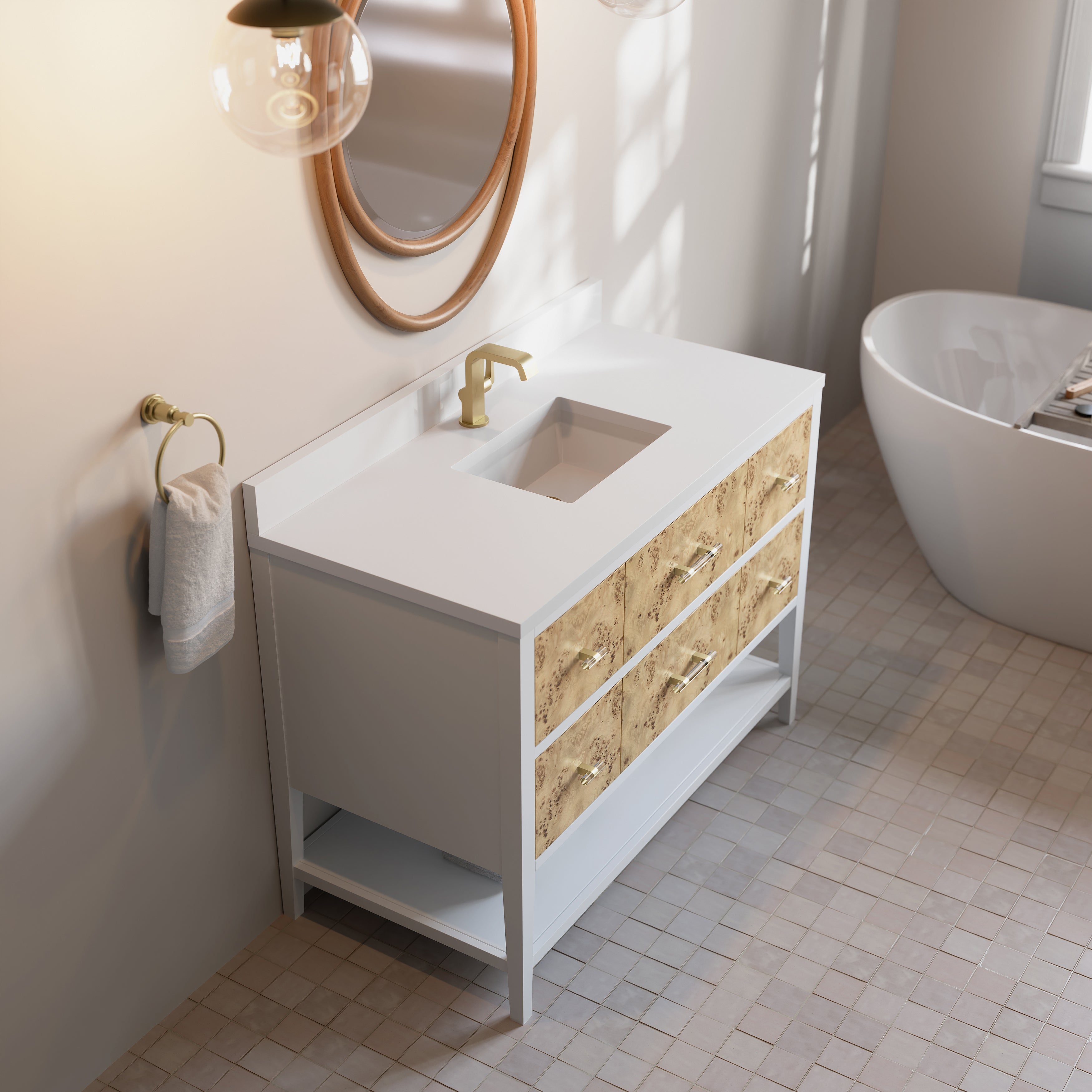 James Martin Olena 48" Single Vanity in Light Mappa Burl and Polished White with 3cm Countertop