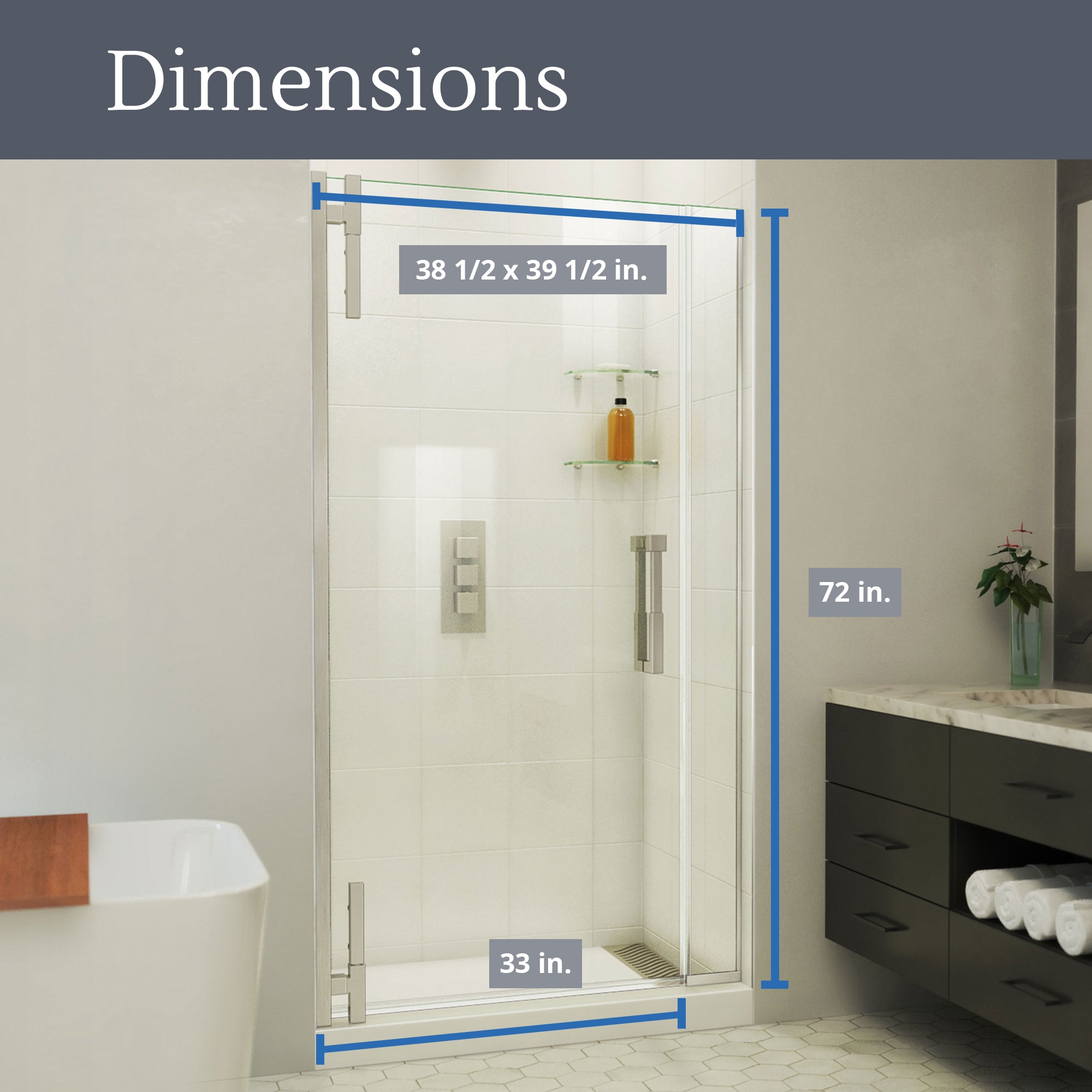 DreamLine Ascend 38 1/2 - 39 1/2 inch W x 72 inch H Frameless Pivot Shower Door
