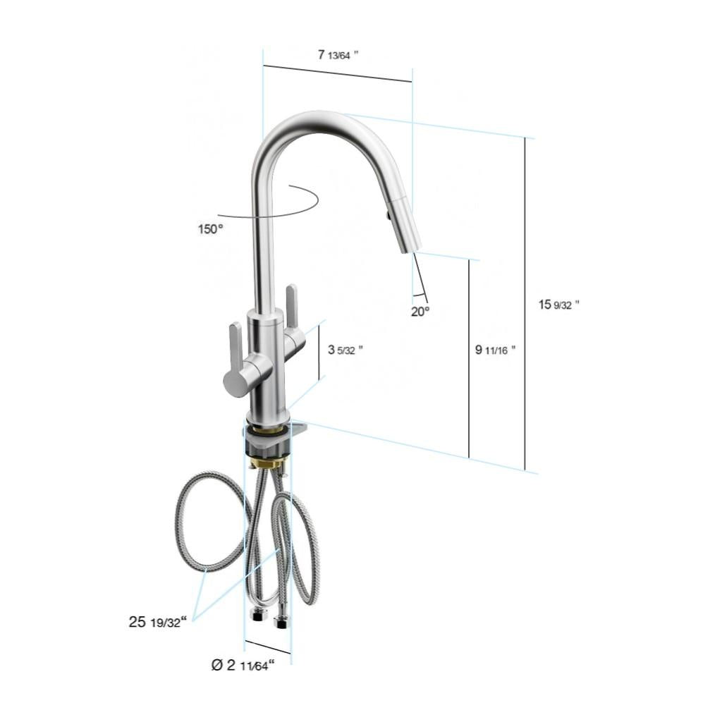 in2aqua Edge two-lever handle kitchen faucet with swivel spout and pull-down spray