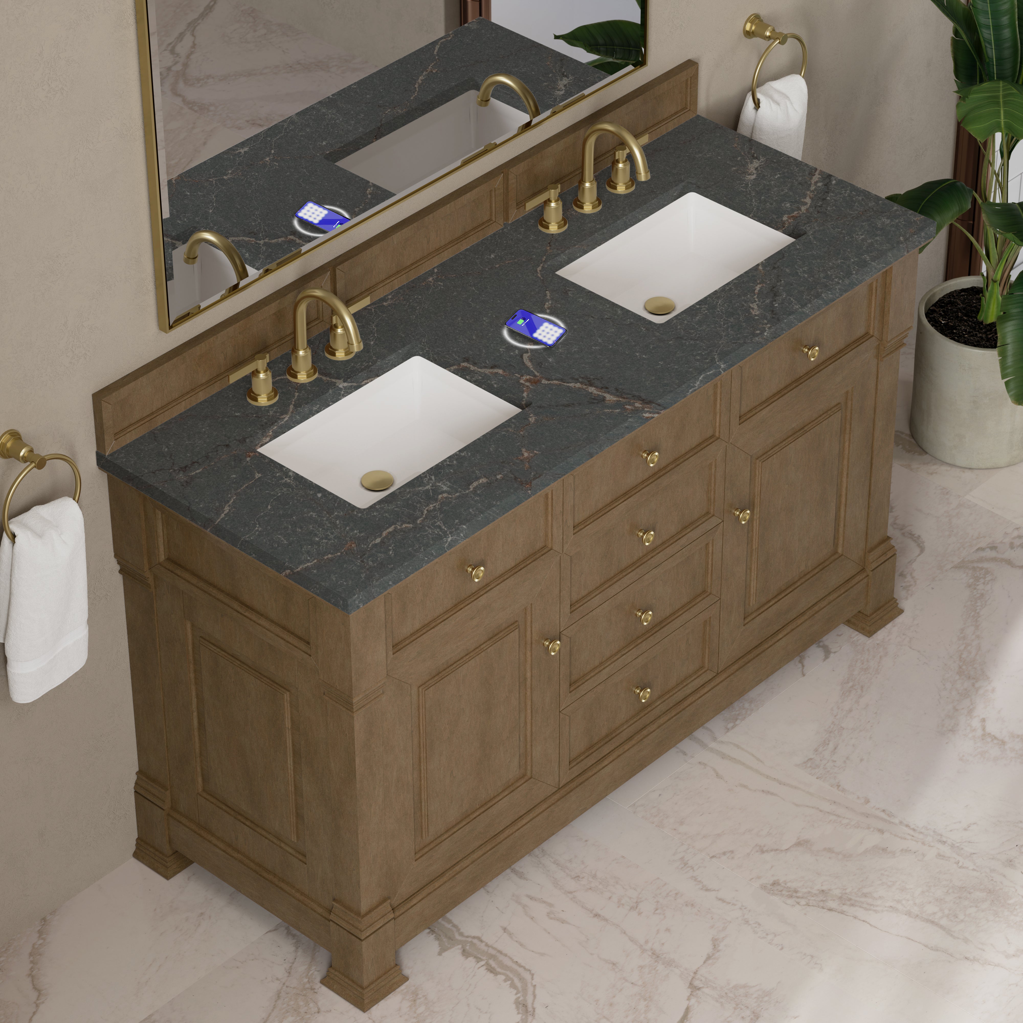 James Martin Brookfield 60" Double Vanity in Pecan with 3cm Countertop and FreePower Wireless Charger