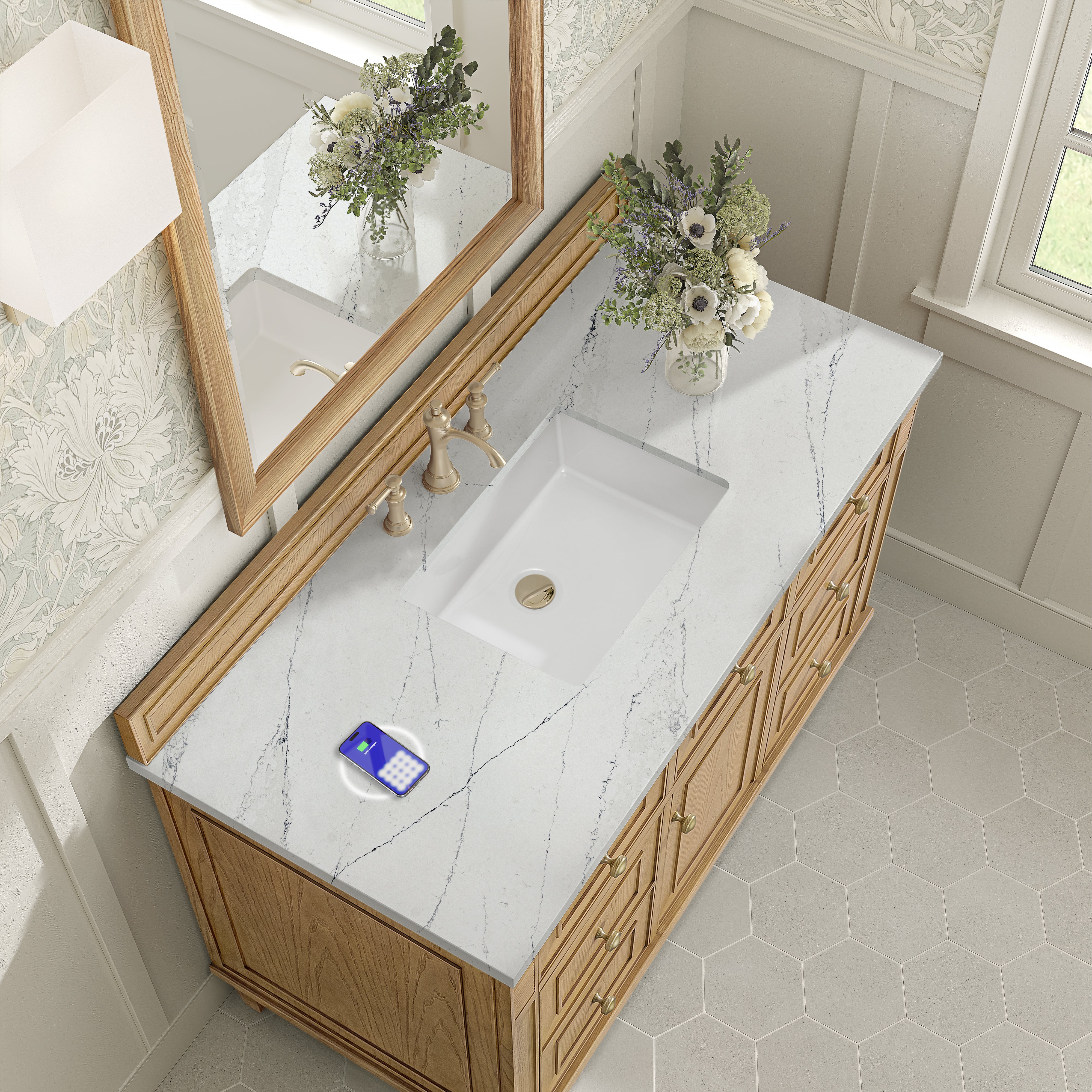 James Martin Lorelai 48" Single Vanity in Light Natural Oak with 3cm Countertop and FreePower Wireless Charger