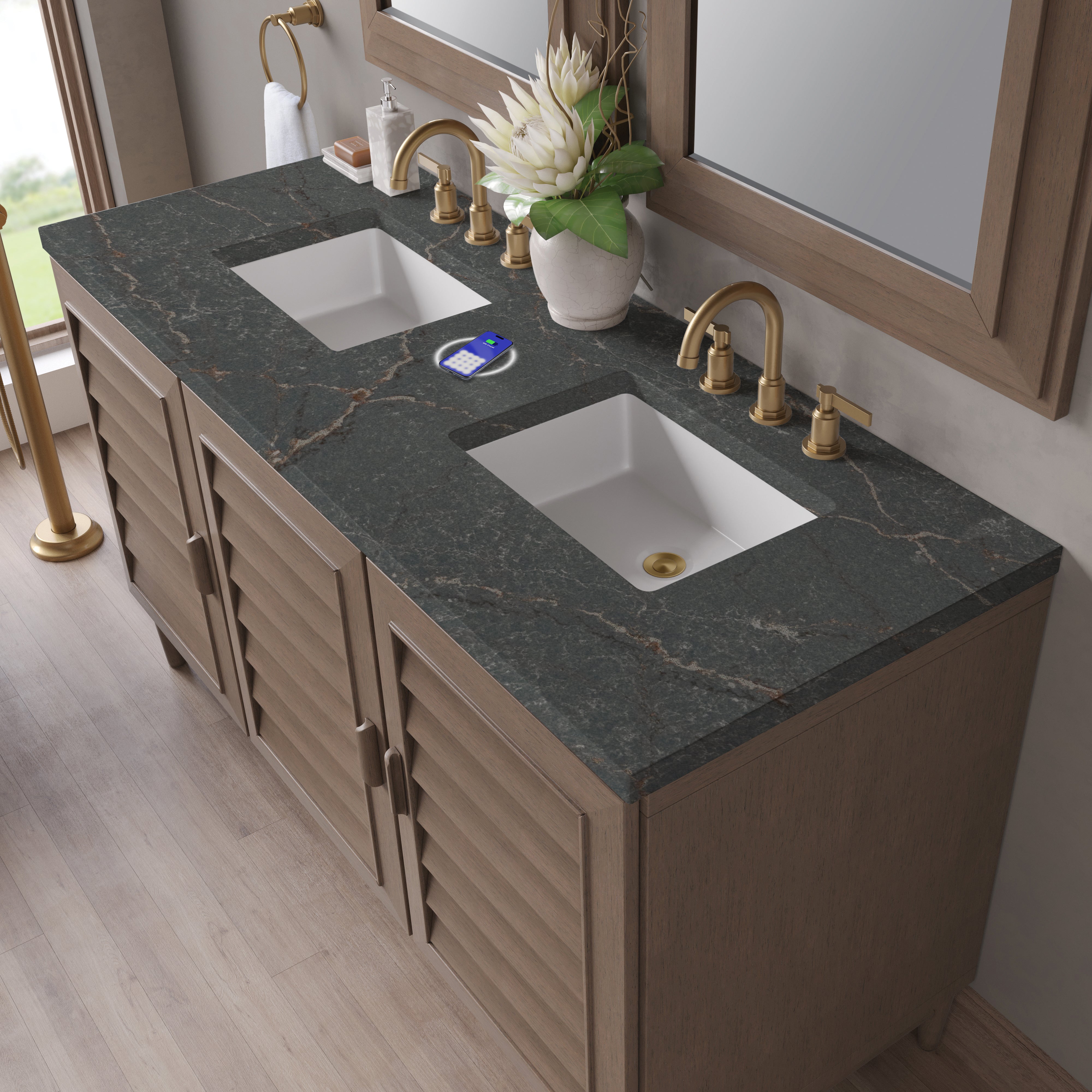 James Martin Portland 60" Double Vanity in Whitewashed Walnut with 3cm Countertop and FreePower Wireless Charger