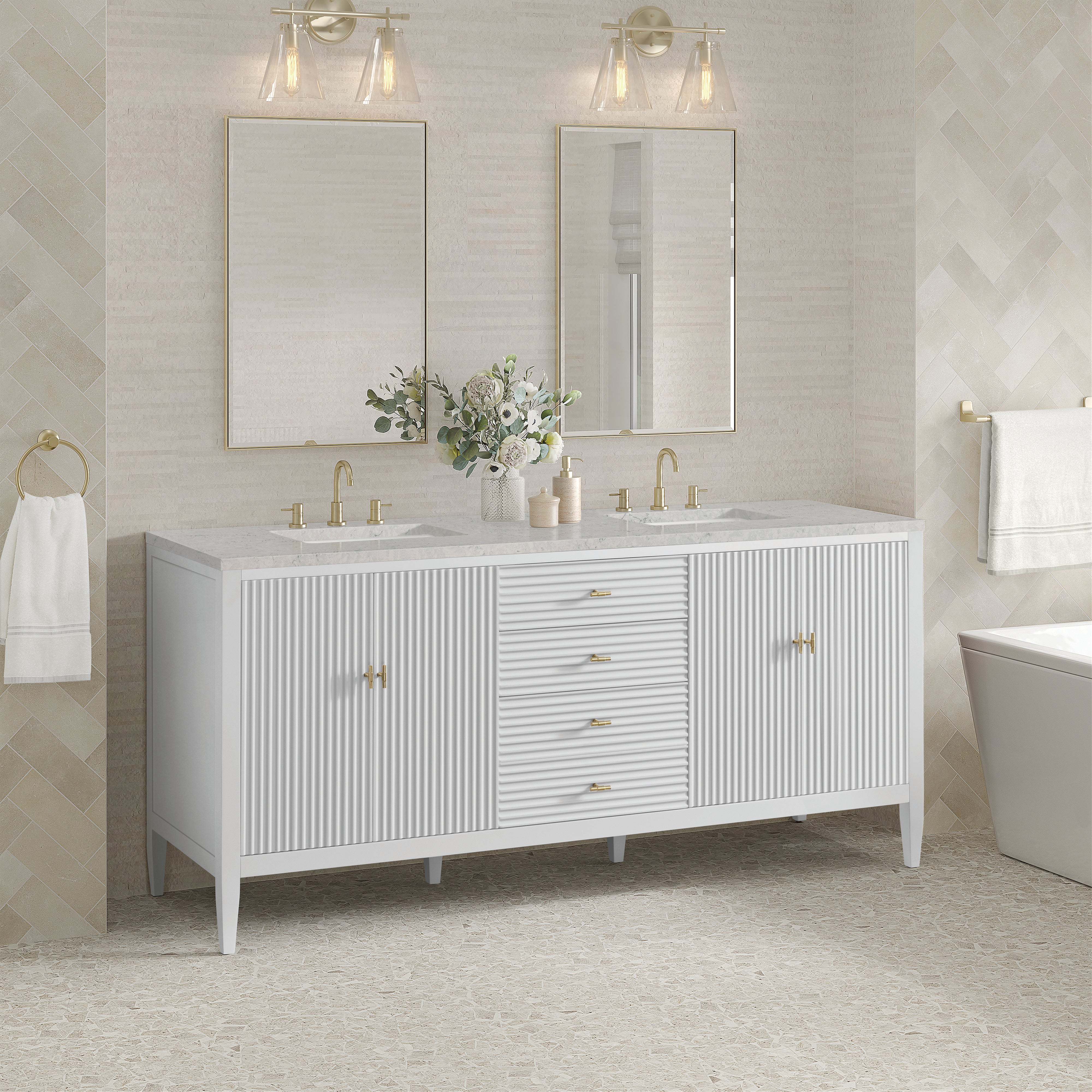James Martin Myrrin 72" Double Vanity in Bright White with 3cm Countertop and FreePower Wireless Charger