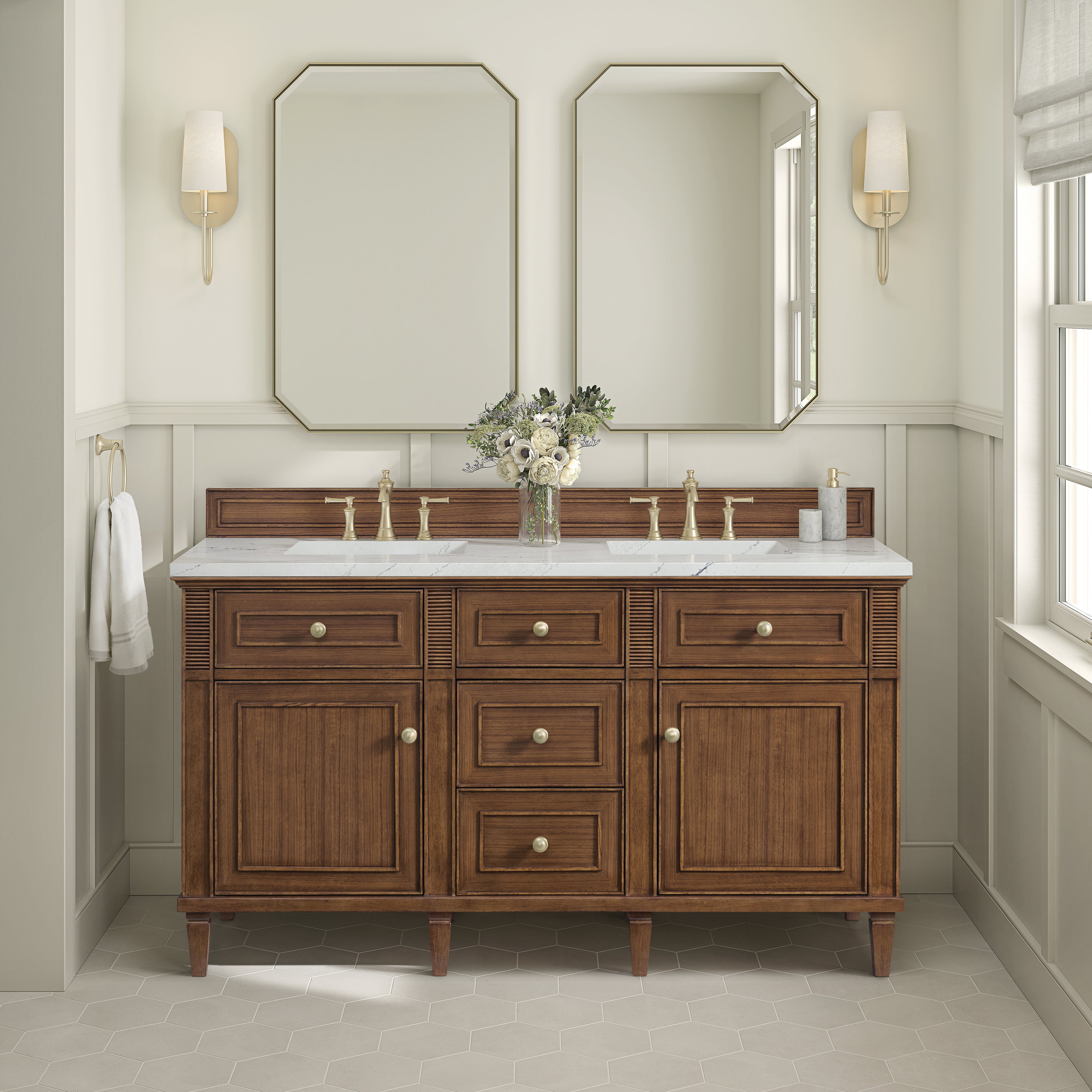 James Martin Lorelai 60" Double Vanity in Mid-Century Walnut with 3cm Countertop and FreePower Wireless Charger
