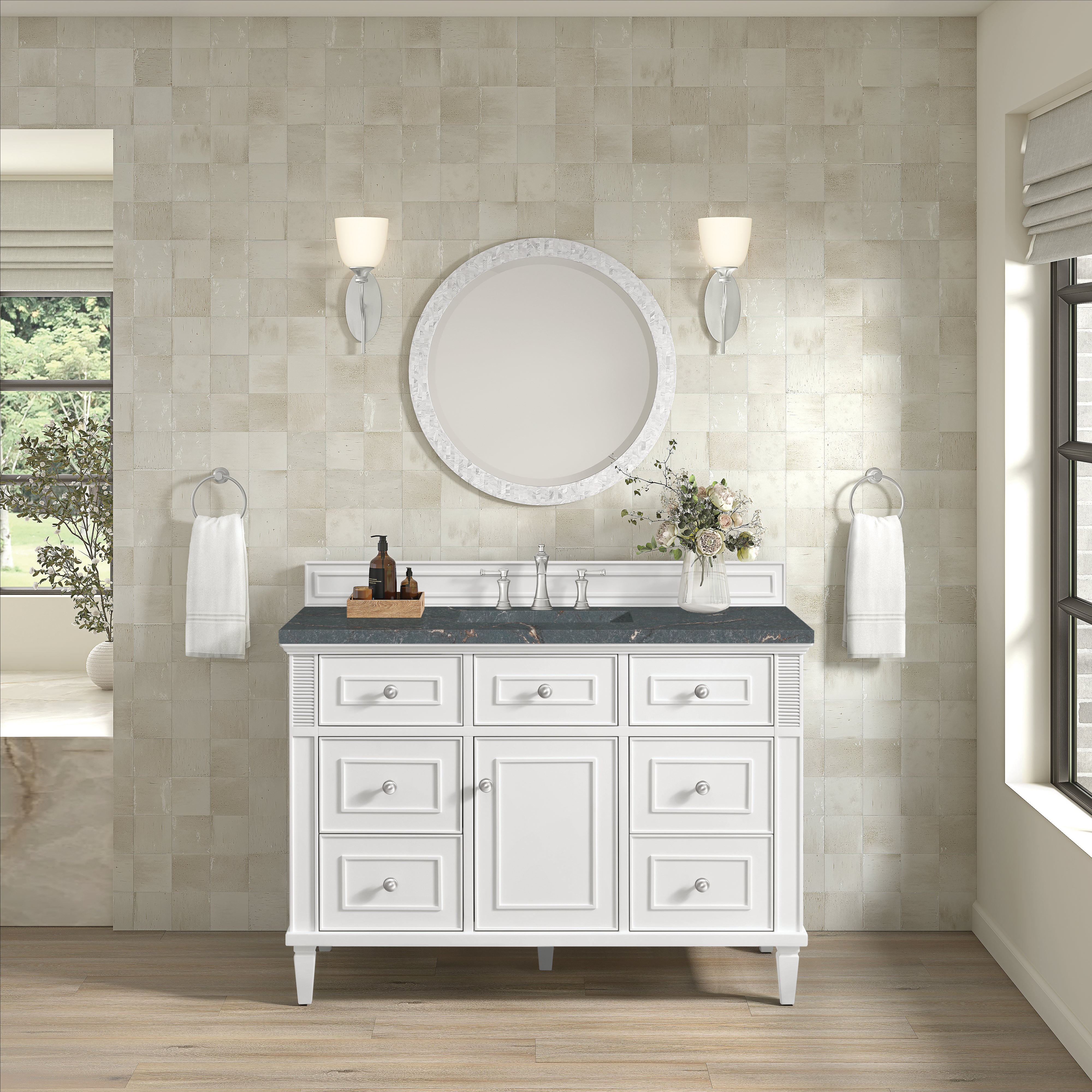 James Martin Lorelai 48" Single Vanity in Bright White with 3cm Countertop and FreePower Wireless Charger